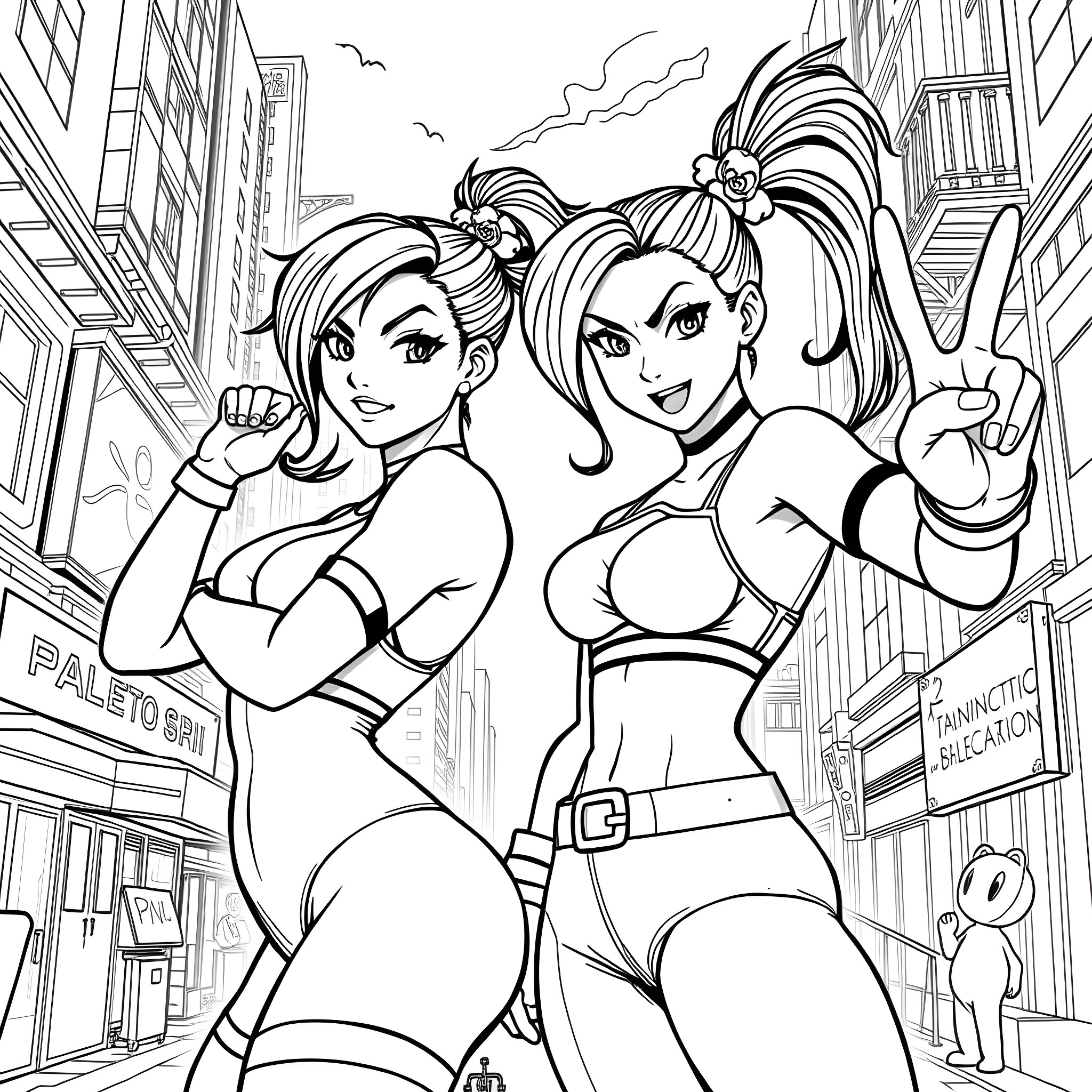 Chun Li and friend strike dynamic poses in the city Coloring Page (free black-and-white line drawing printable PDF for all, from beginners to advanced learners, including children, teens, adults, and seniors)