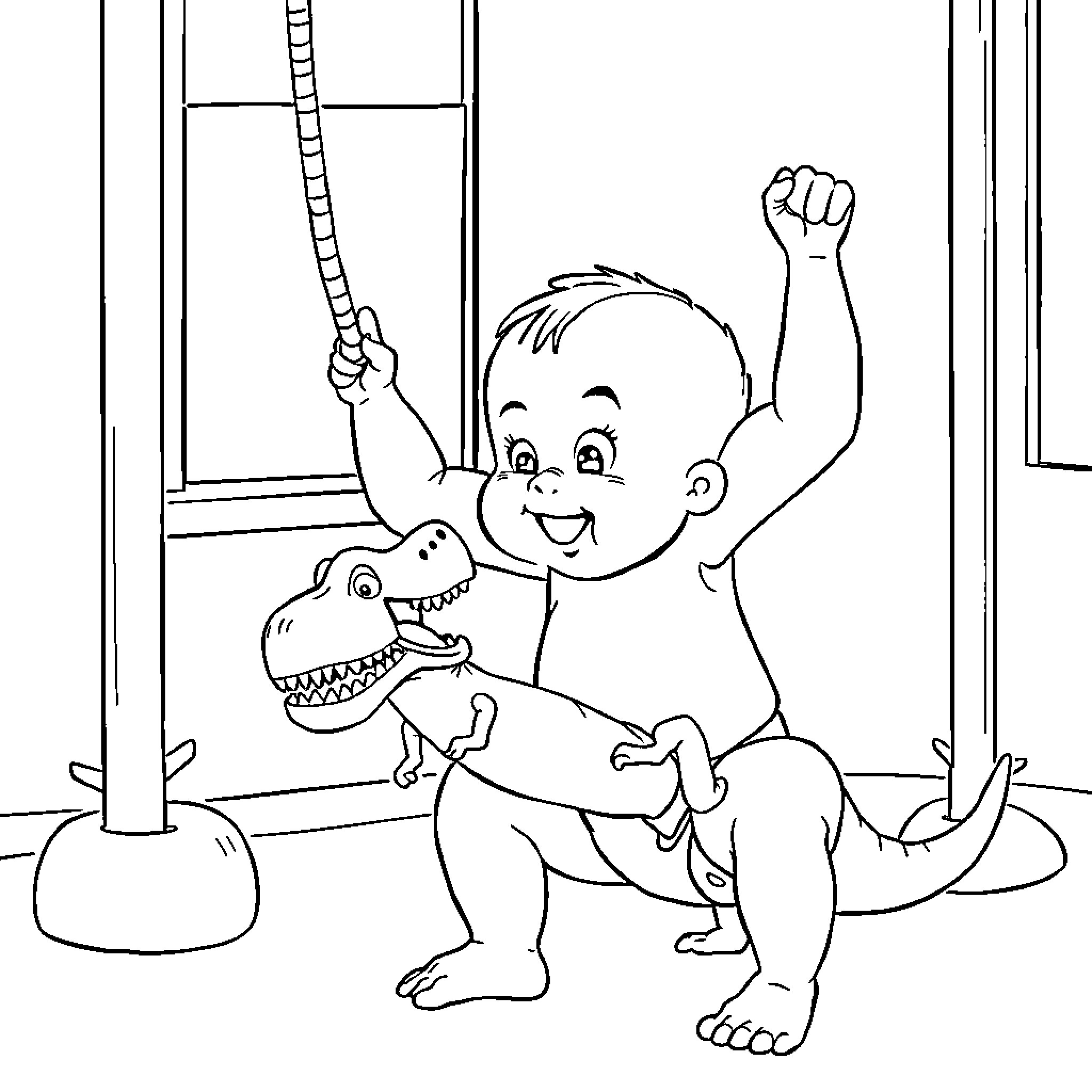 Baby playing happily with dinosaur toy Coloring Page (free black-and-white line drawing printable PDF for all, from beginners to advanced learners, including children, teens, adults, and seniors)