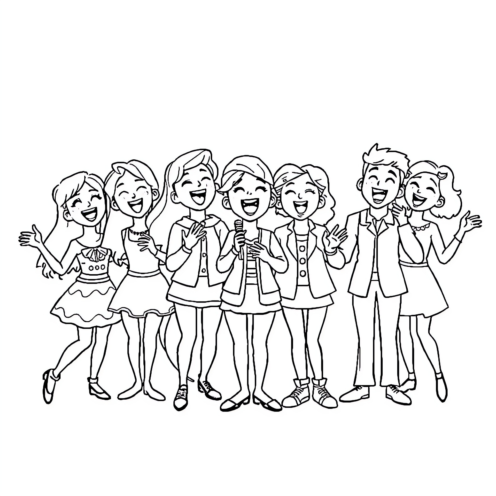 Character group of happy friends posing together Coloring Page (free black-and-white line drawing printable PDF for all, from beginners to advanced learners, including children, teens, adults, and seniors)