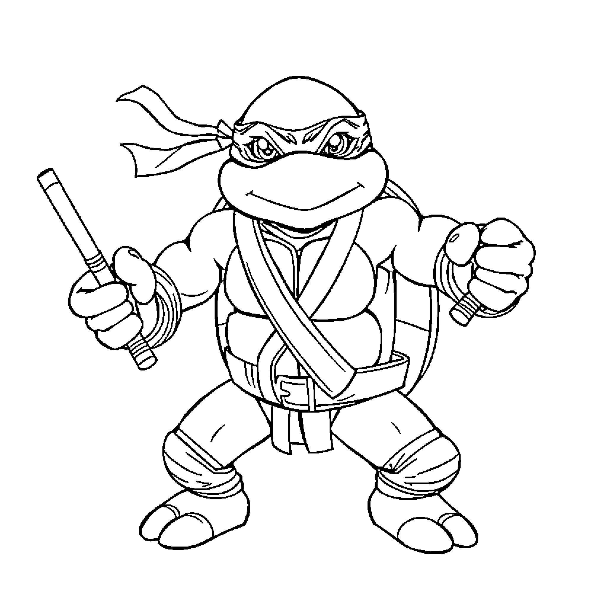 Teenage Mutant Ninja Turtle Warrior in Action Coloring Page (free black-and-white line drawing printable PDF for all, from beginners to advanced learners, including children, teens, adults, and seniors)