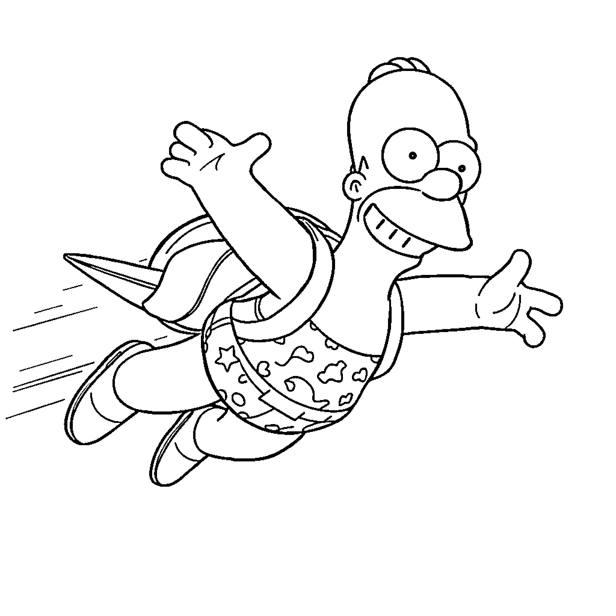 Homer Simpson Happily Surfing Through the Air Coloring Page (free black-and-white line drawing printable PDF for all, from beginners to advanced learners, including children, teens, adults, and seniors)