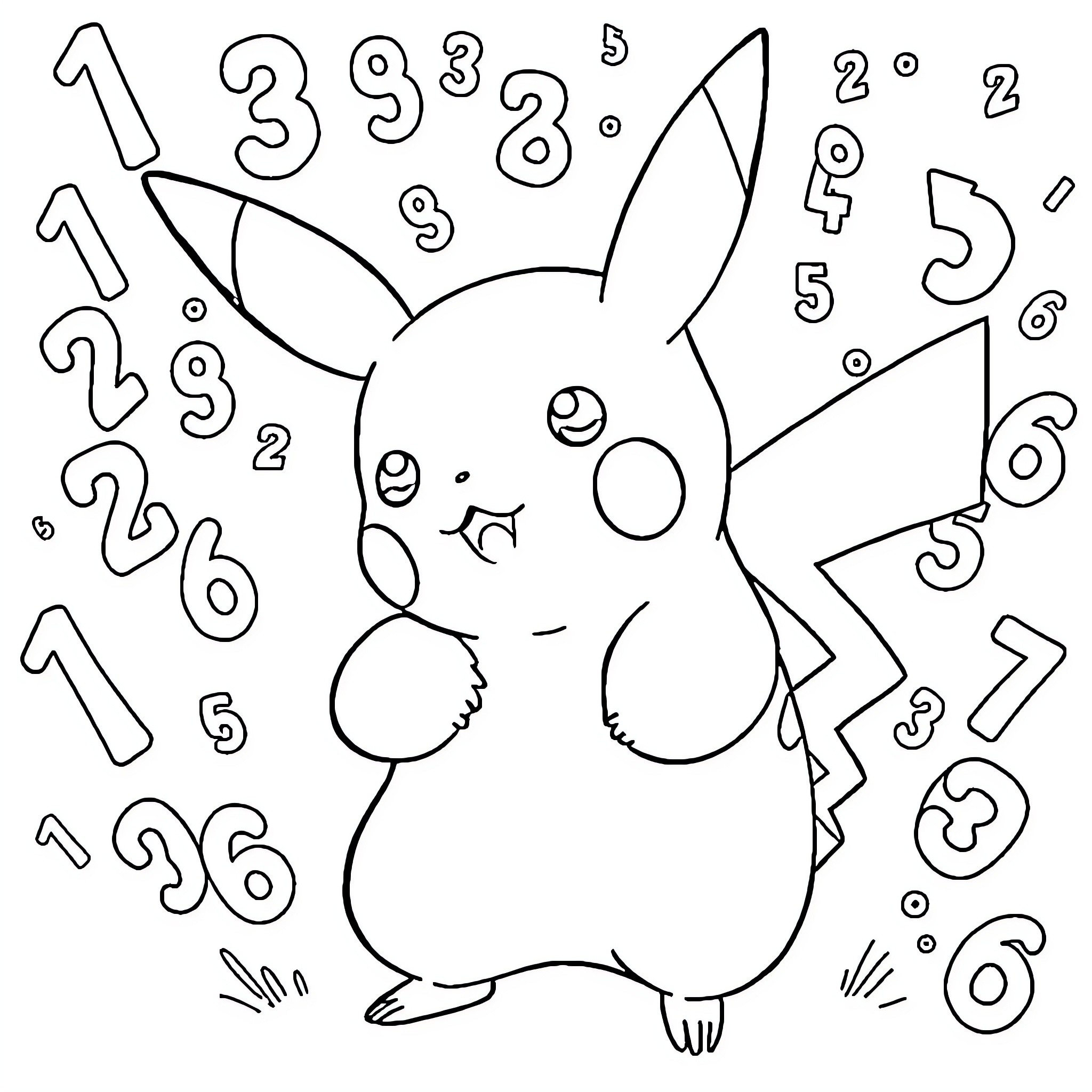 Pikachu playing with numbers Coloring Page (free black-and-white line drawing printable PDF for all, from beginners to advanced learners, including children, teens, adults, and seniors)