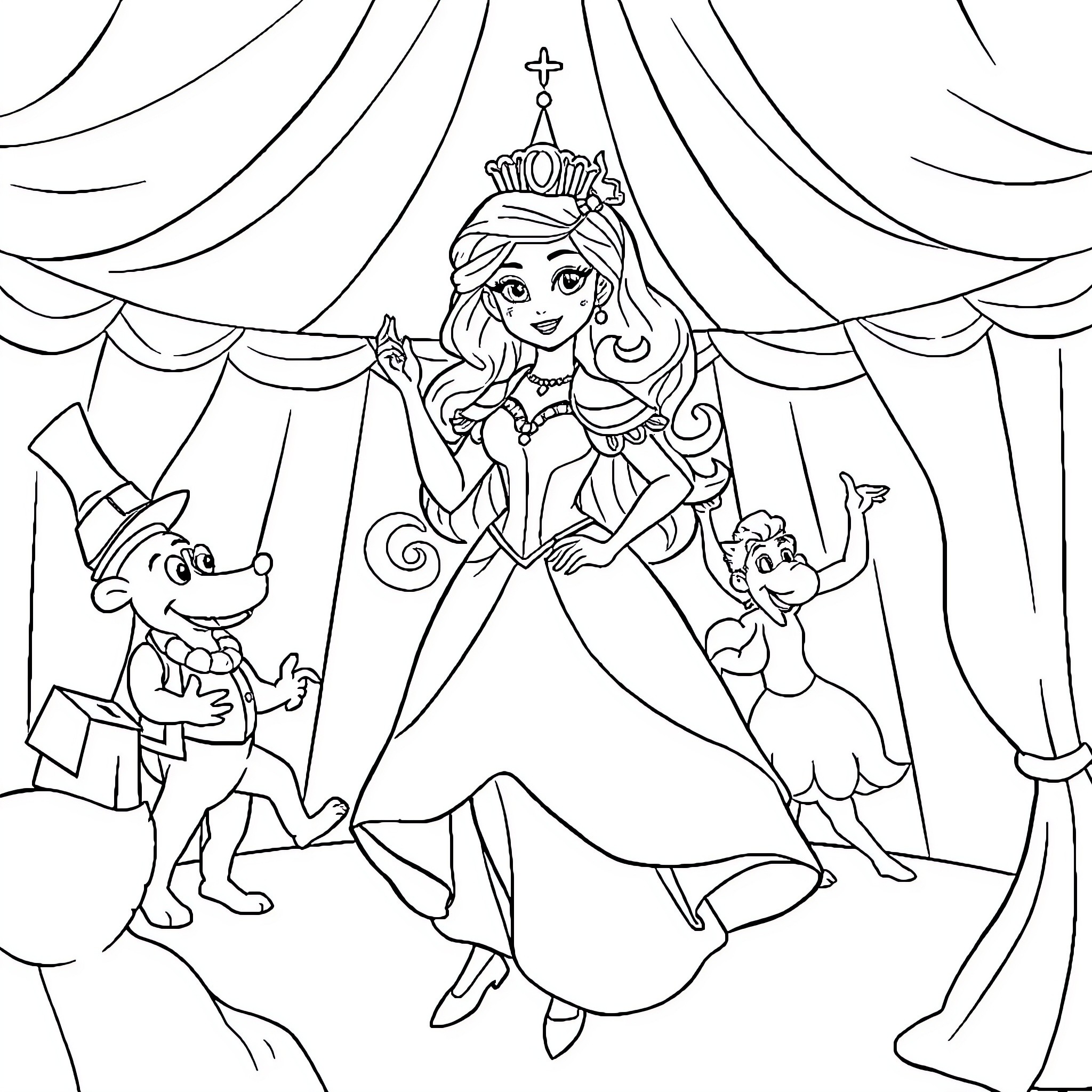 Princess Performing on Stage with Animals Coloring Page (free black-and-white line drawing printable PDF for all, from beginners to advanced learners, including children, teens, adults, and seniors)