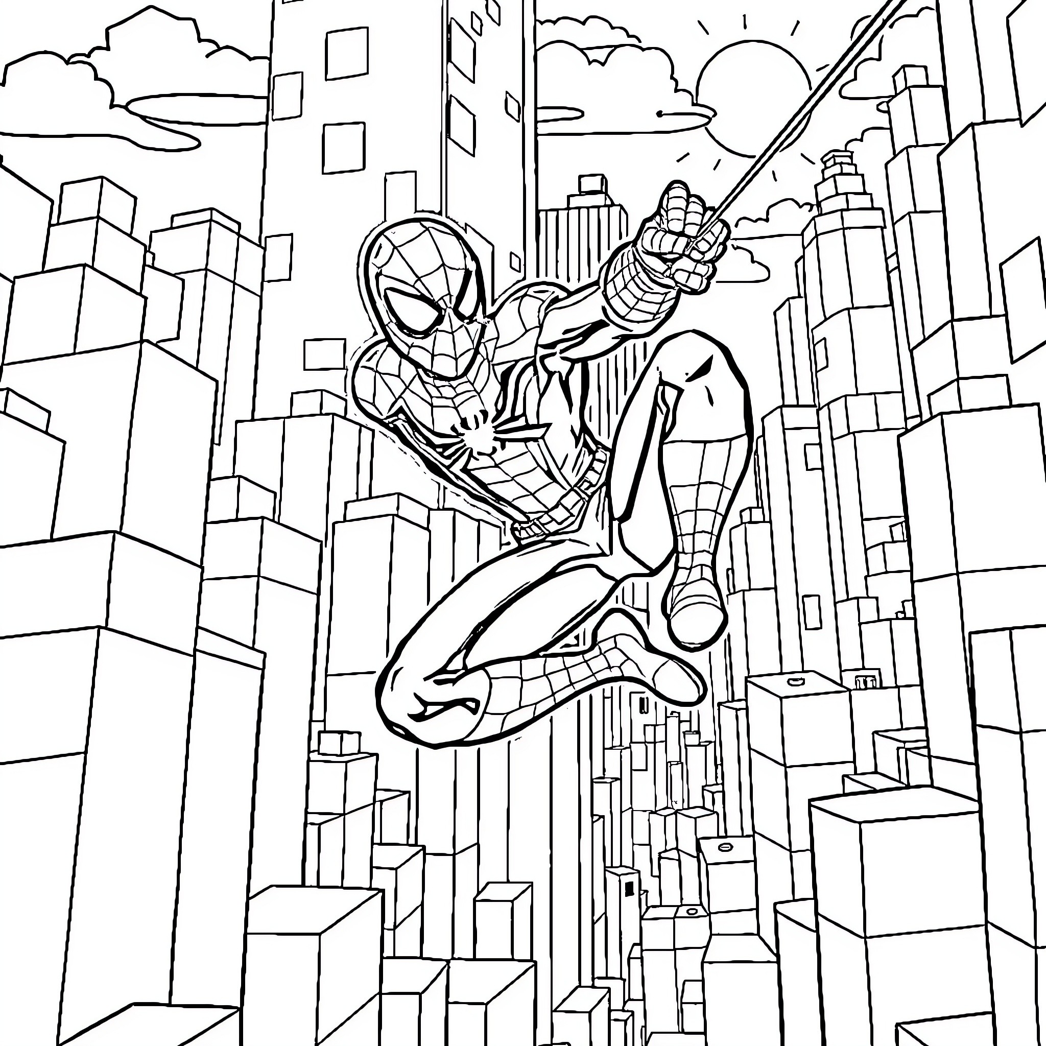 Spider-Man swinging through the city skyline Coloring Page (free black-and-white line drawing printable PDF for all, from beginners to advanced learners, including children, teens, adults, and seniors)