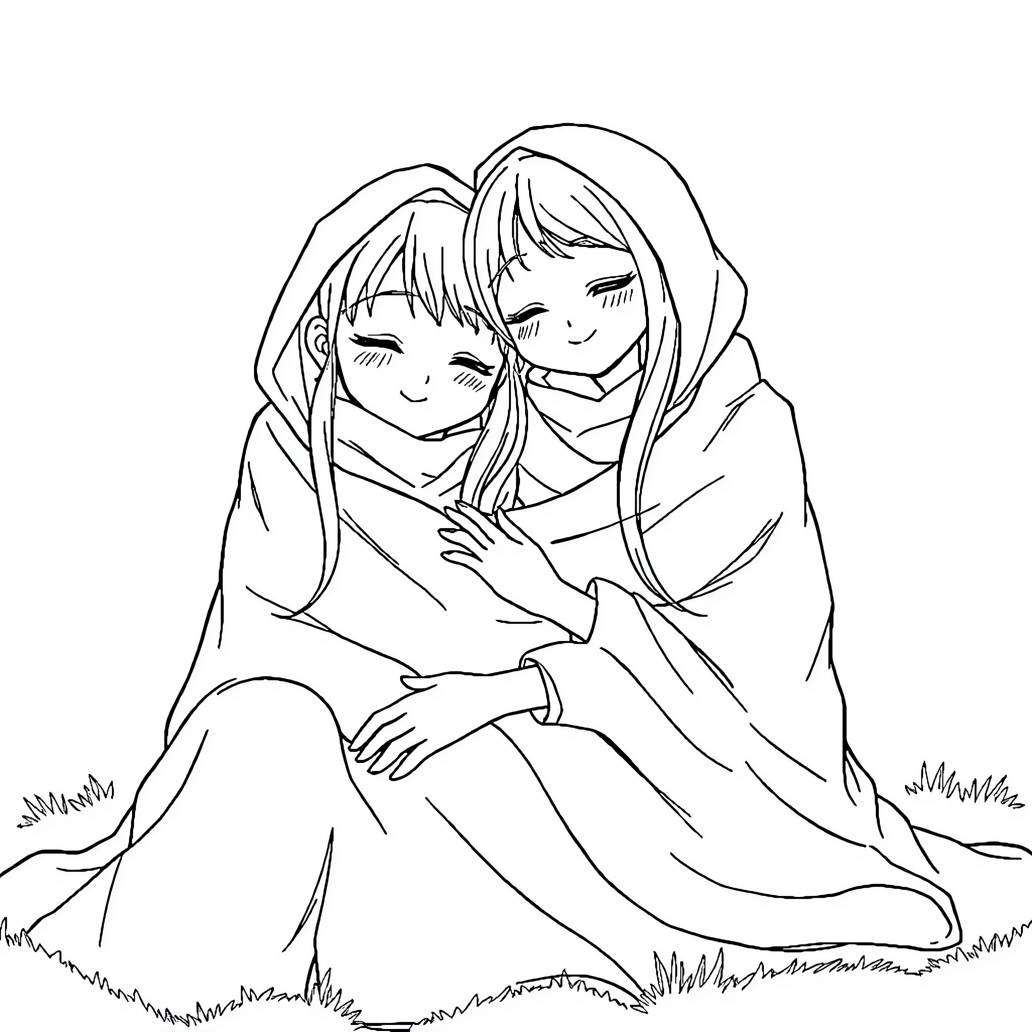 Mai's tranquil embrace on a grassy field Coloring Page (free black-and-white line drawing printable PDF for all, from beginners to advanced learners, including children, teens, adults, and seniors)