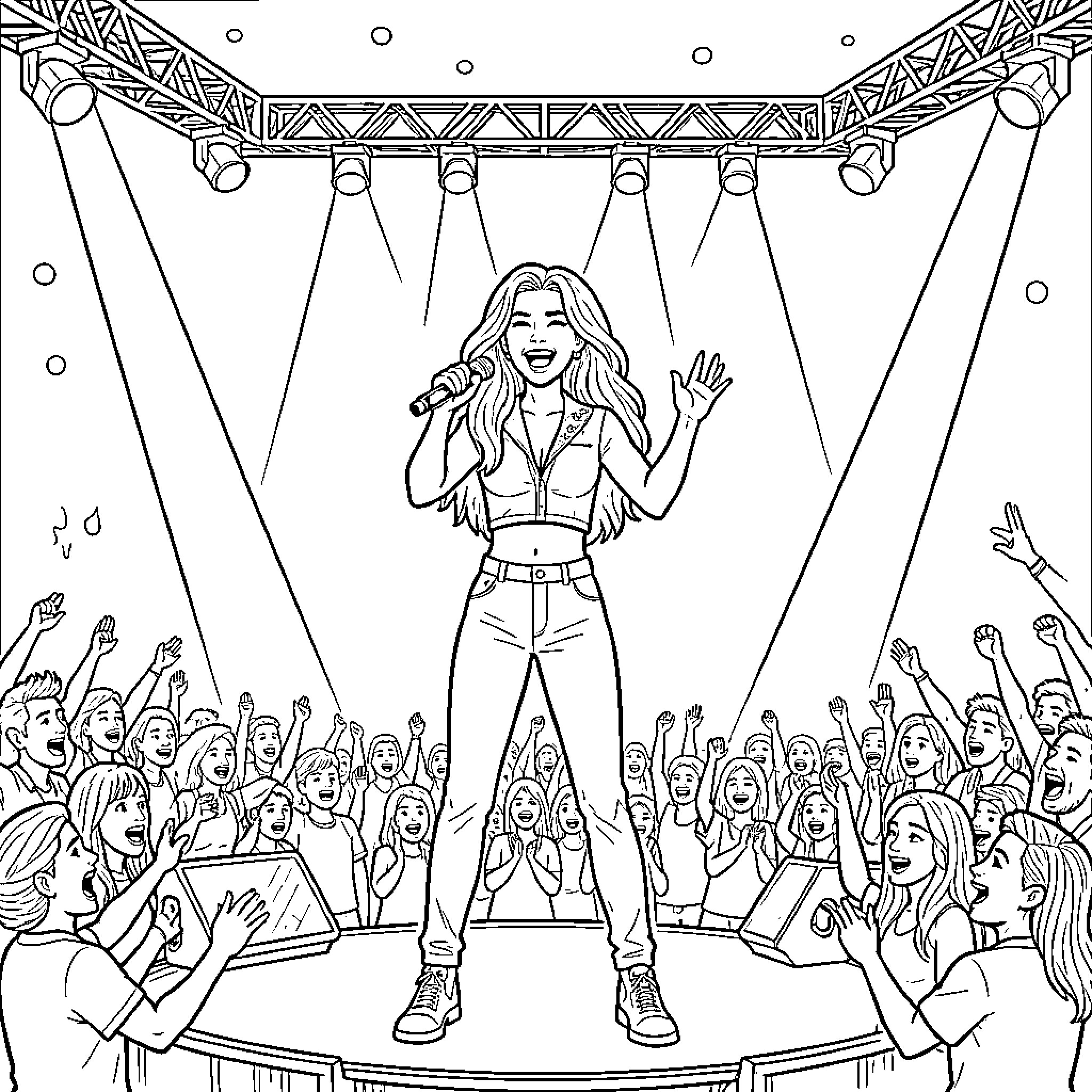 Cristina Performing on Stage with Adoring Crowd Coloring Page (free black-and-white line drawing printable PDF for all, from beginners to advanced learners, including children, teens, adults, and seniors)