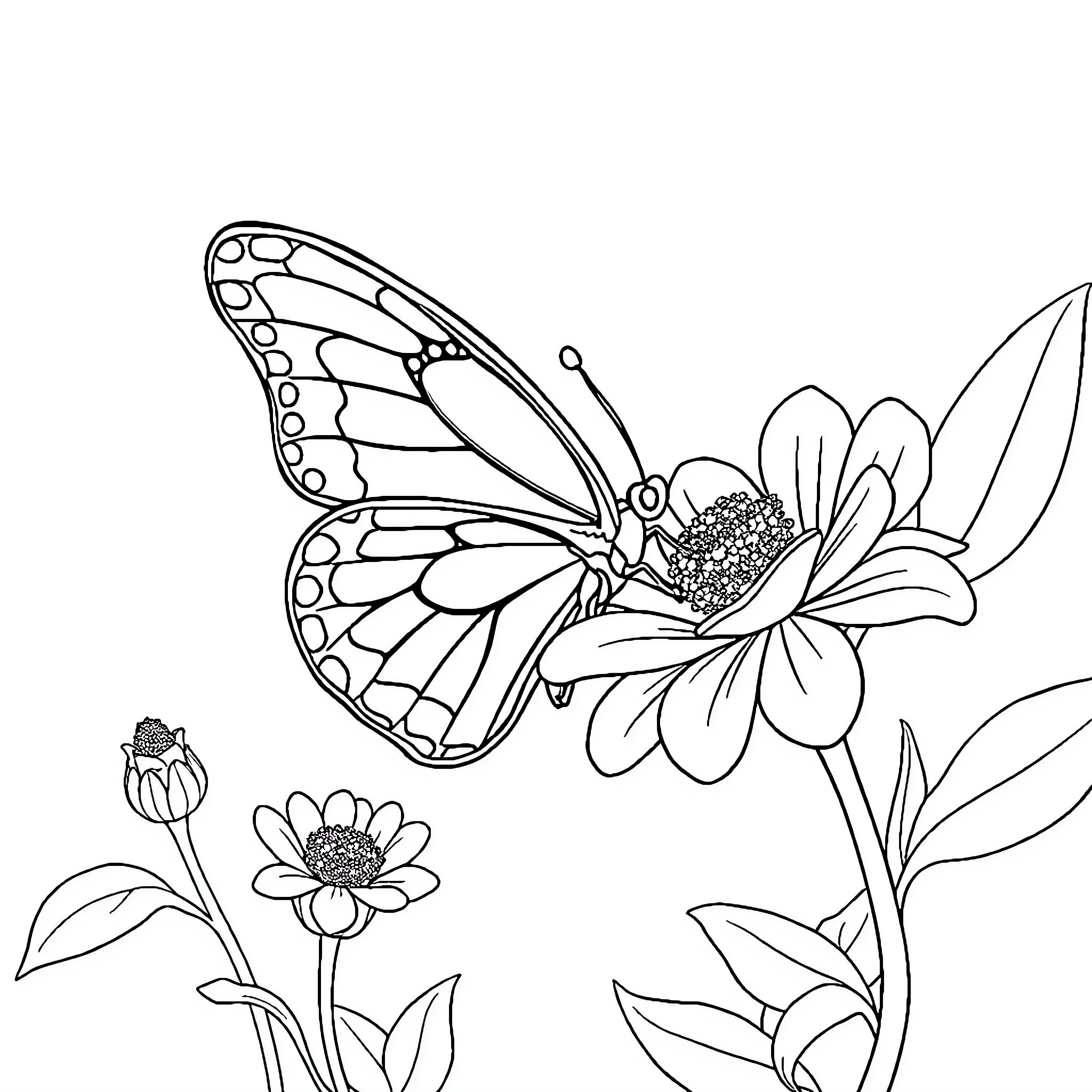 Butterfly resting on a flower Coloring Page (free black-and-white line drawing printable PDF for all, from beginners to advanced learners, including children, teens, adults, and seniors)