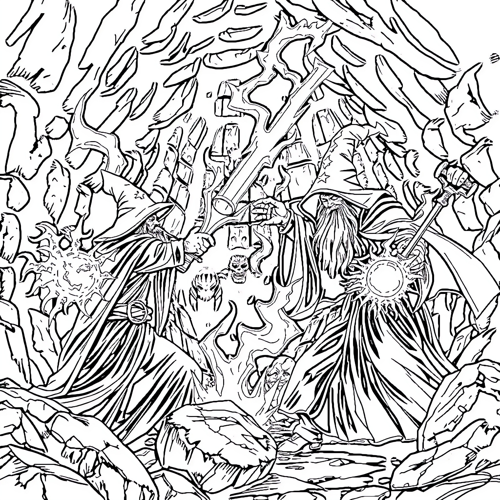 Wizard's Mystical Realm: A Chaotic Tapestry of Fantastical Figures Coloring Page (free black-and-white line drawing printable PDF for all, from beginners to advanced learners, including children, teens, adults, and seniors)