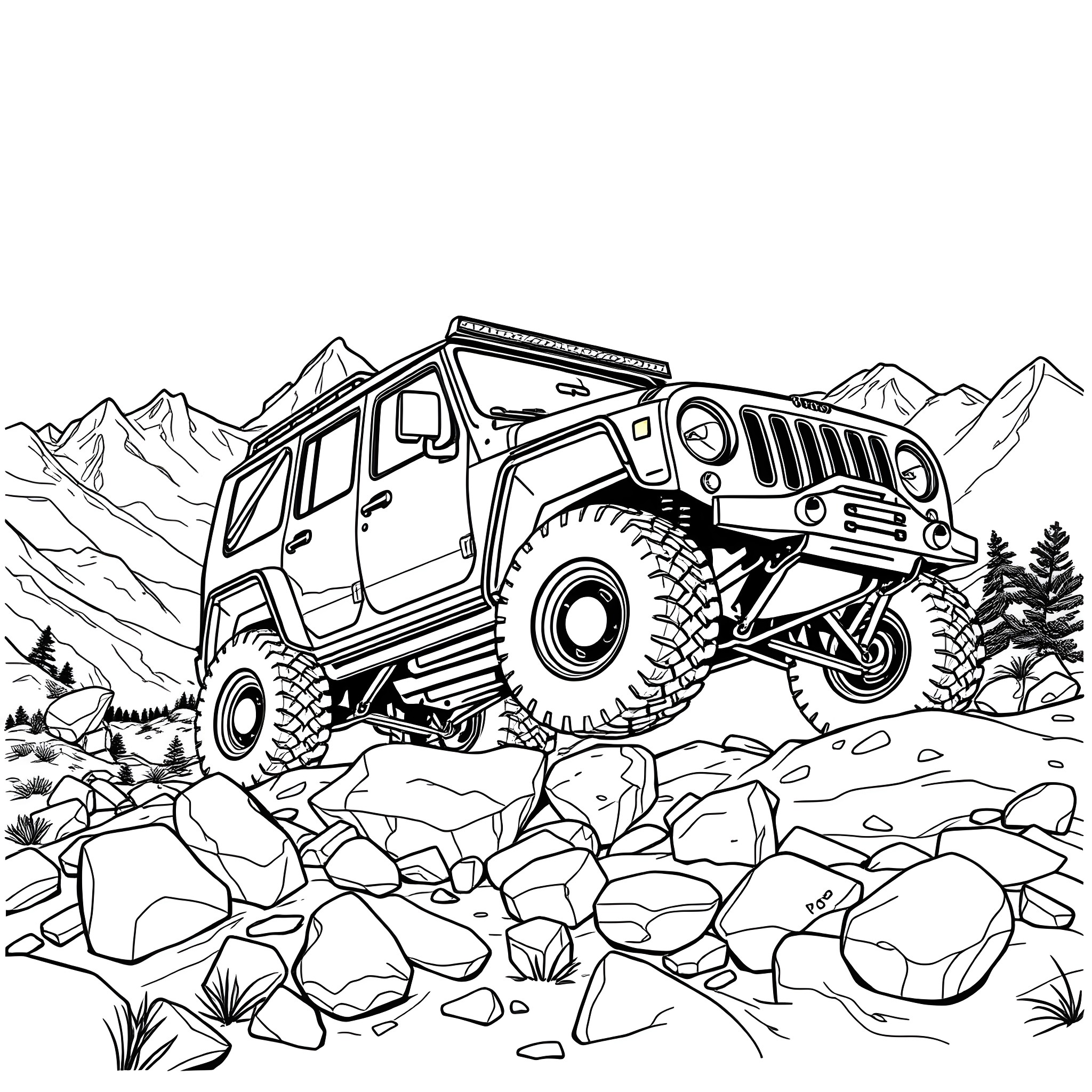 4x4 off-road vehicle navigating rocky terrain Coloring Page (free black-and-white line drawing printable PDF for all, from beginners to advanced learners, including children, teens, adults, and seniors)