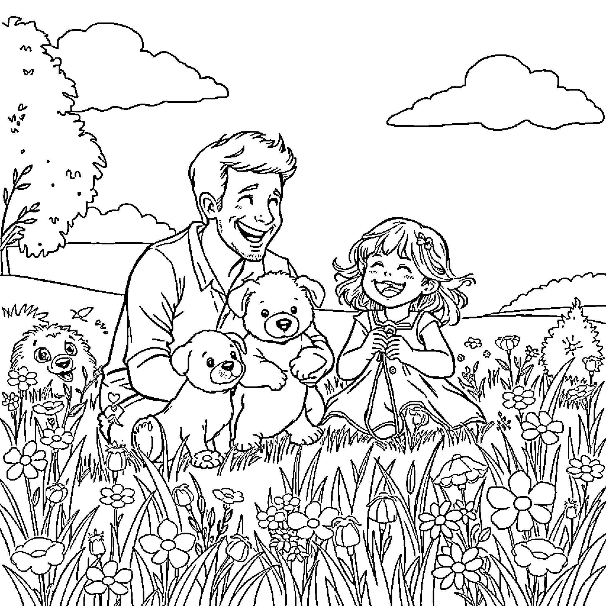 Dad enjoys outdoor fun with his children and pets Coloring Page (free black-and-white line drawing printable PDF for all, from beginners to advanced learners, including children, teens, adults, and seniors)