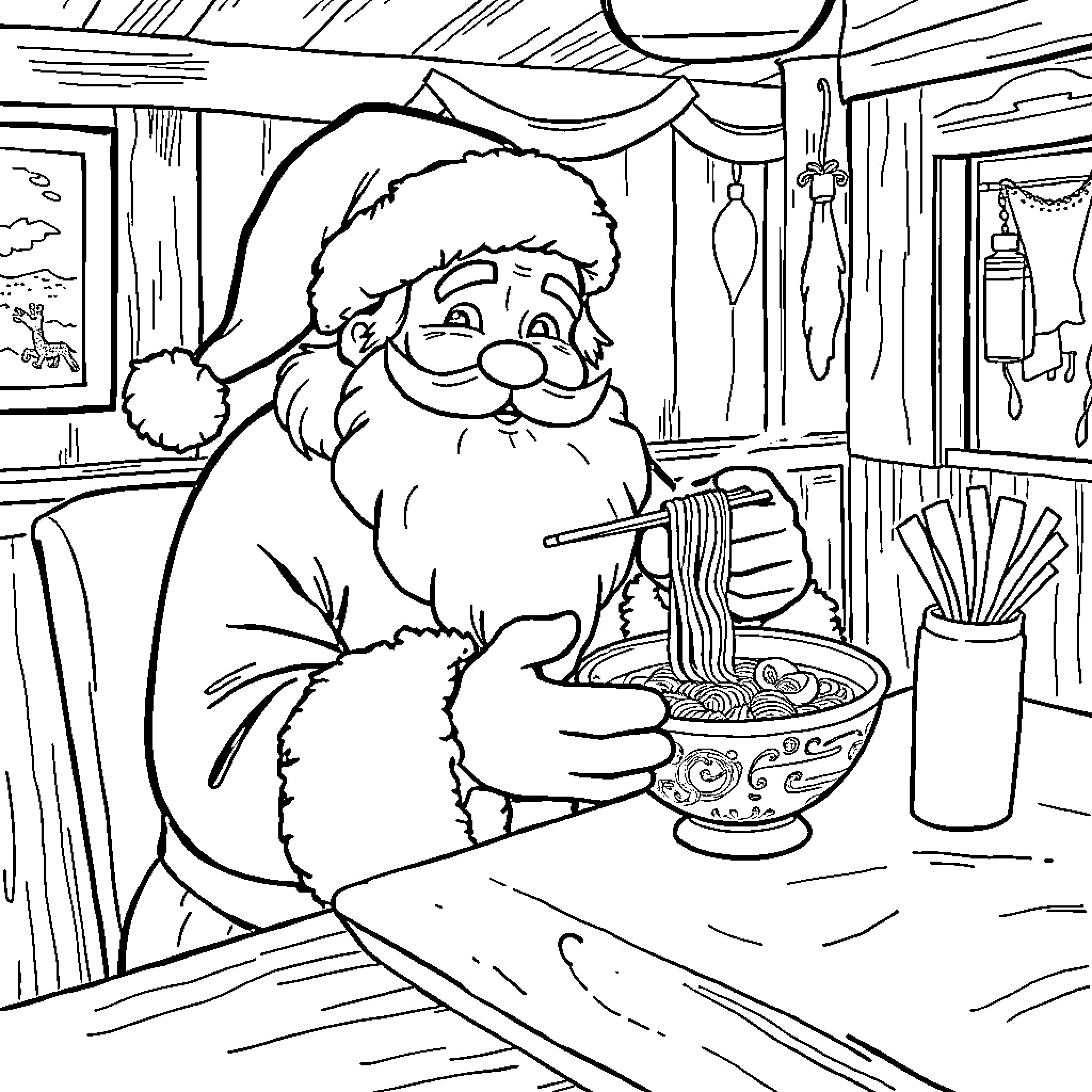 Santa Claus Enjoying a Warm Meal at Home Coloring Page (free black-and-white line drawing printable PDF for all, from beginners to advanced learners, including children, teens, adults, and seniors)
