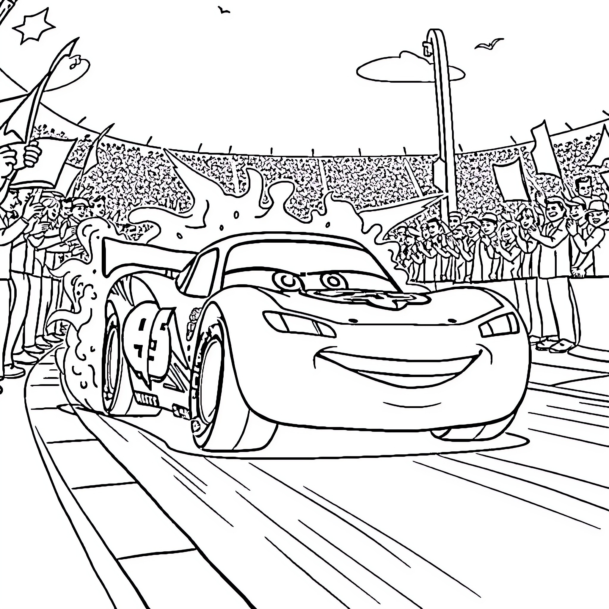 Lightning McQueen racing on the track with fans Coloring Page (free black-and-white line drawing printable PDF for all, from beginners to advanced learners, including children, teens, adults, and seniors)