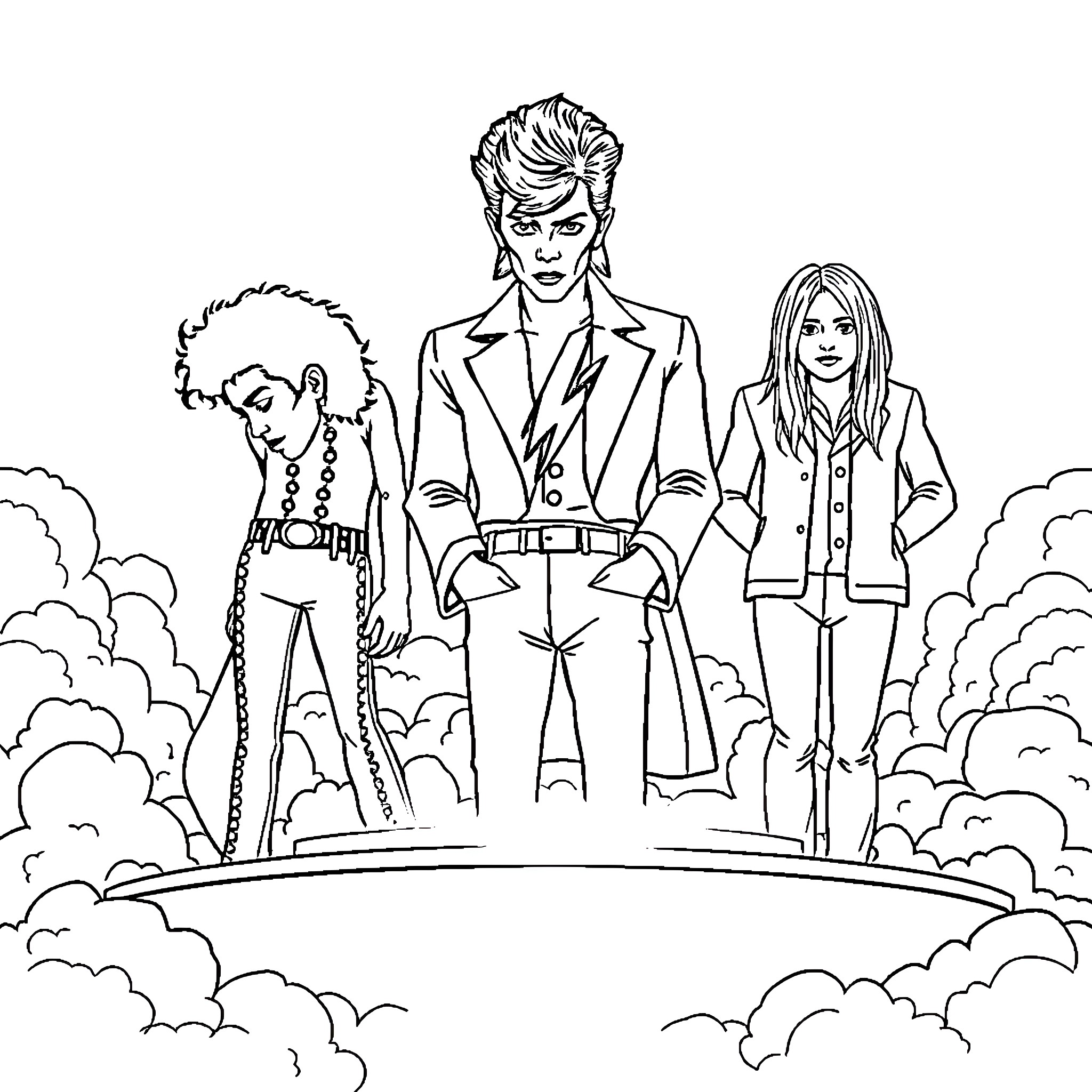 Musician Trio Performing on Stage Coloring Page (free black-and-white line drawing printable PDF for all, from beginners to advanced learners, including children, teens, adults, and seniors)