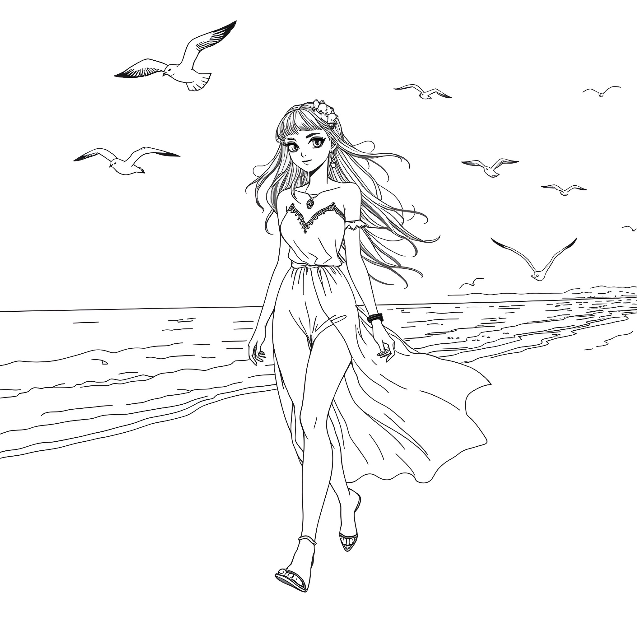 Goth Girl Walking on the Beach Coloring Page (free black-and-white line drawing printable PDF for all, from beginners to advanced learners, including children, teens, adults, and seniors)