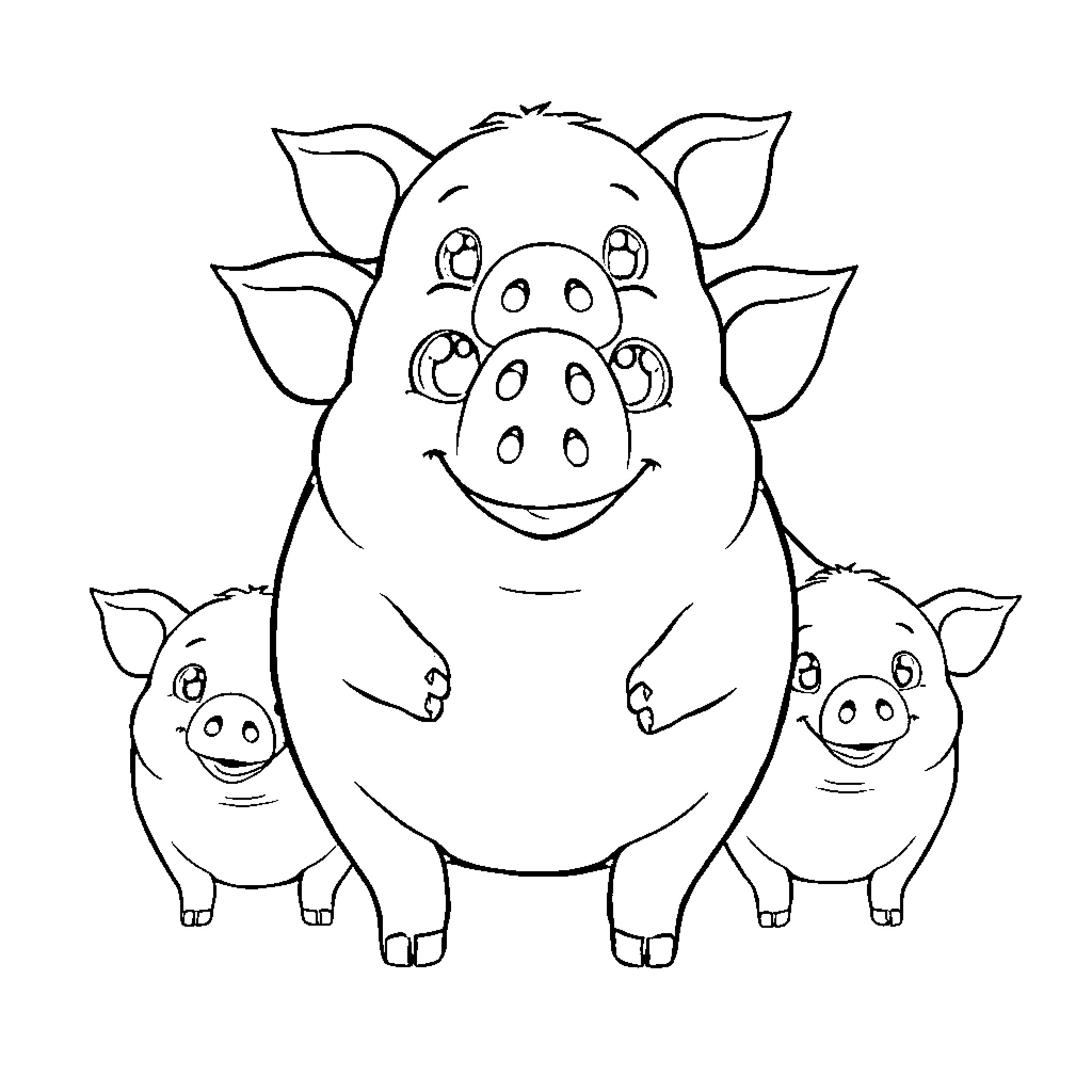 Pot Belly Pigs in a Playful Pose Coloring Page (free black-and-white line drawing printable PDF for all, from beginners to advanced learners, including children, teens, adults, and seniors)