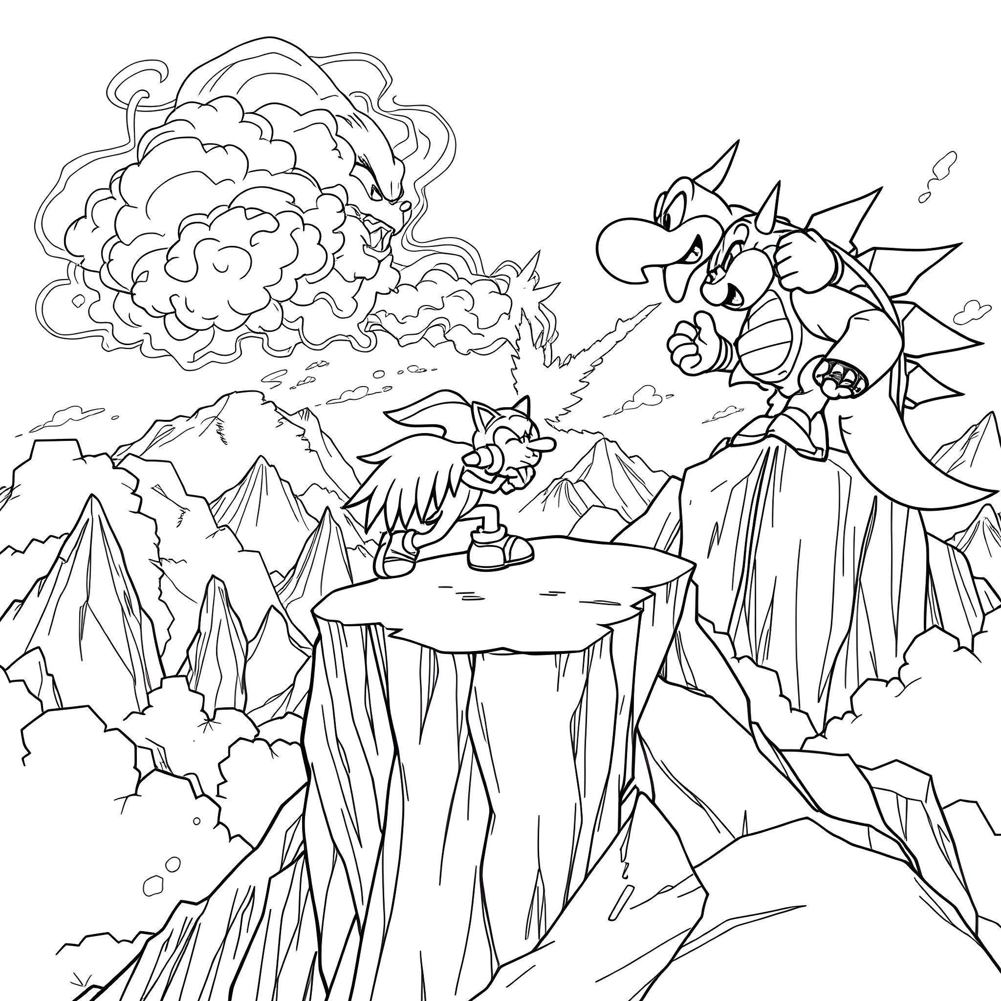 Sonic characters in an action-packed mountain scene Coloring Page (free black-and-white line drawing printable PDF for all, from beginners to advanced learners, including children, teens, adults, and seniors)
