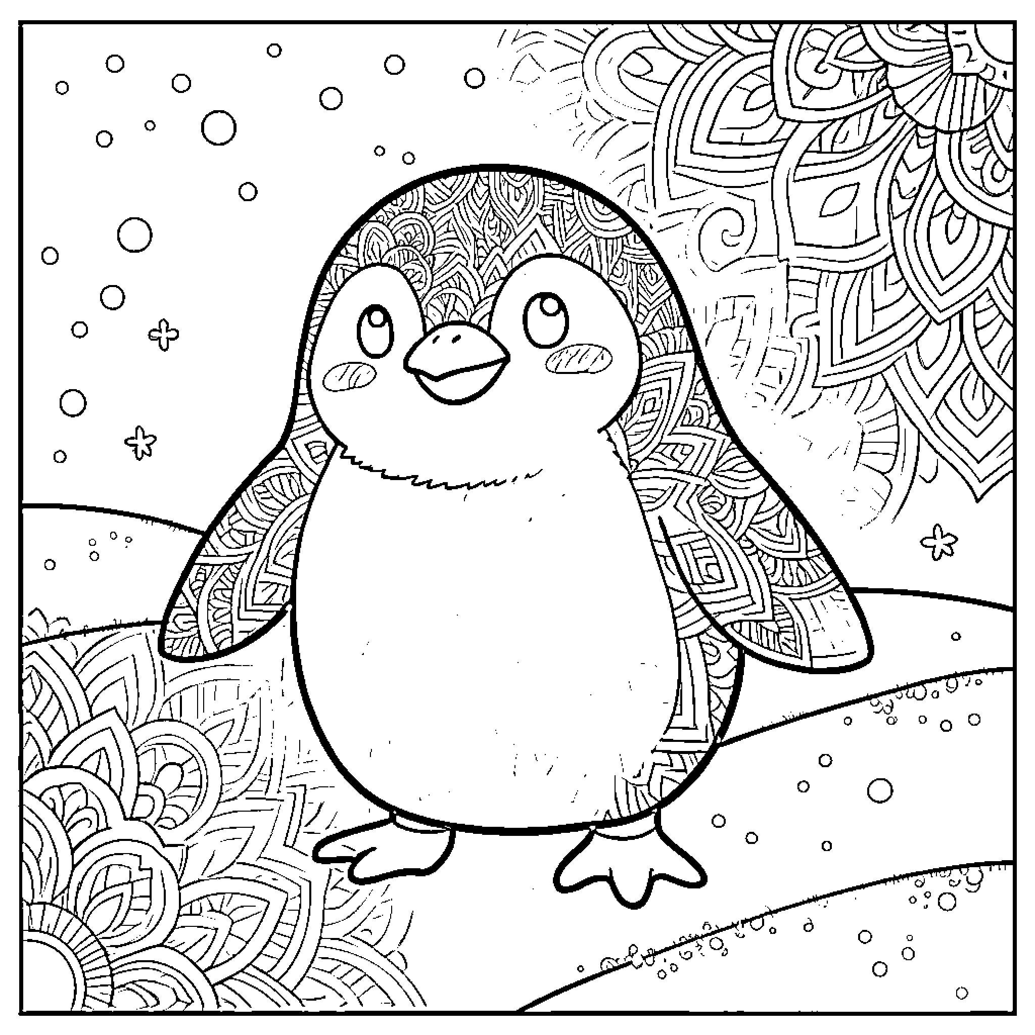 Penguin with intricate patterns in winter scene Coloring Page (free black-and-white line drawing printable PDF for all, from beginners to advanced learners, including children, teens, adults, and seniors)