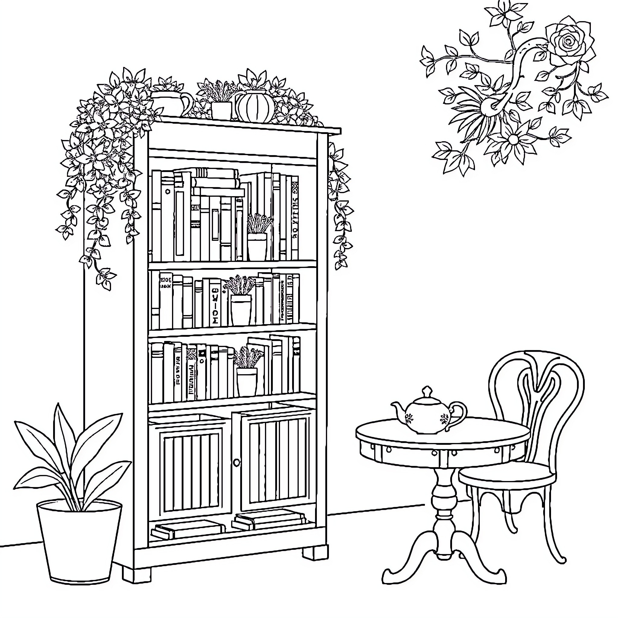 Bookstand with decorative plants and table setting Coloring Page (free black-and-white line drawing printable PDF for all, from beginners to advanced learners, including children, teens, adults, and seniors)