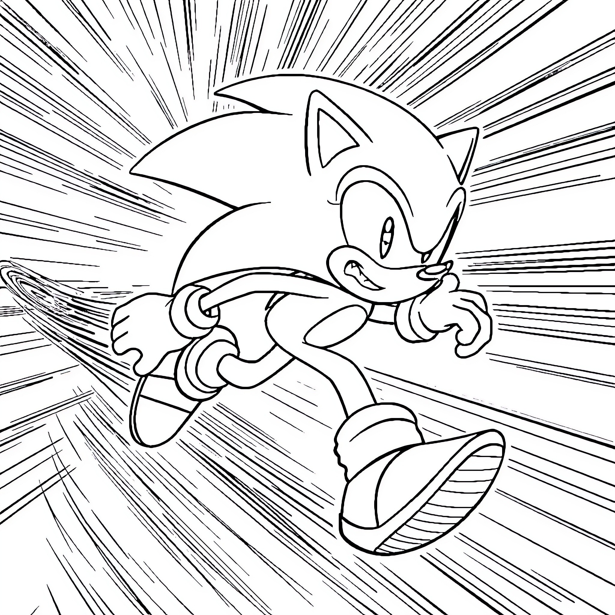 Sonic the Hedgehog speeding through a dynamic scene Coloring Page (free black-and-white line drawing printable PDF for all, from beginners to advanced learners, including children, teens, adults, and seniors)