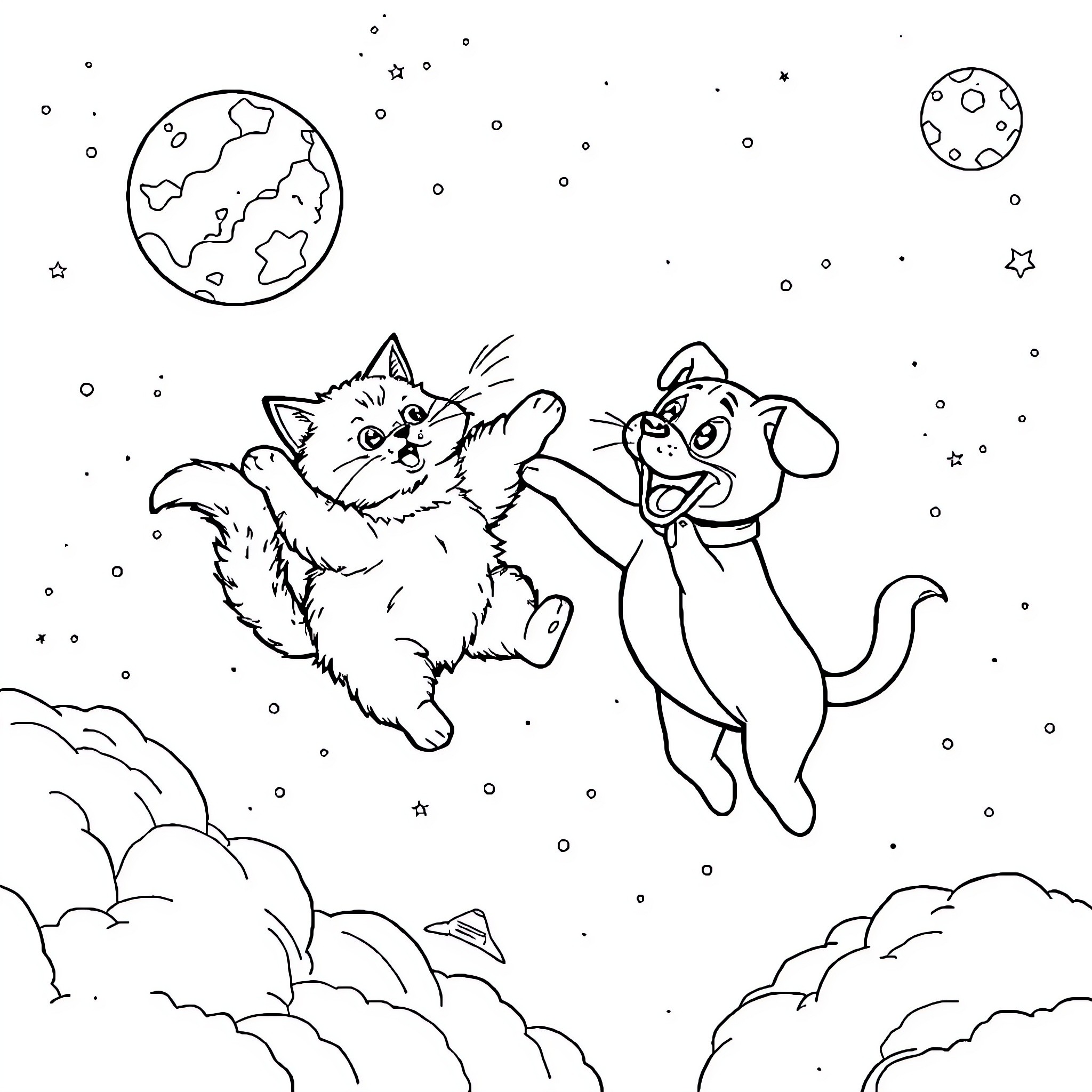 Cat and dog playing in the starry night sky Coloring Page (free black-and-white line drawing printable PDF for all, from beginners to advanced learners, including children, teens, adults, and seniors)