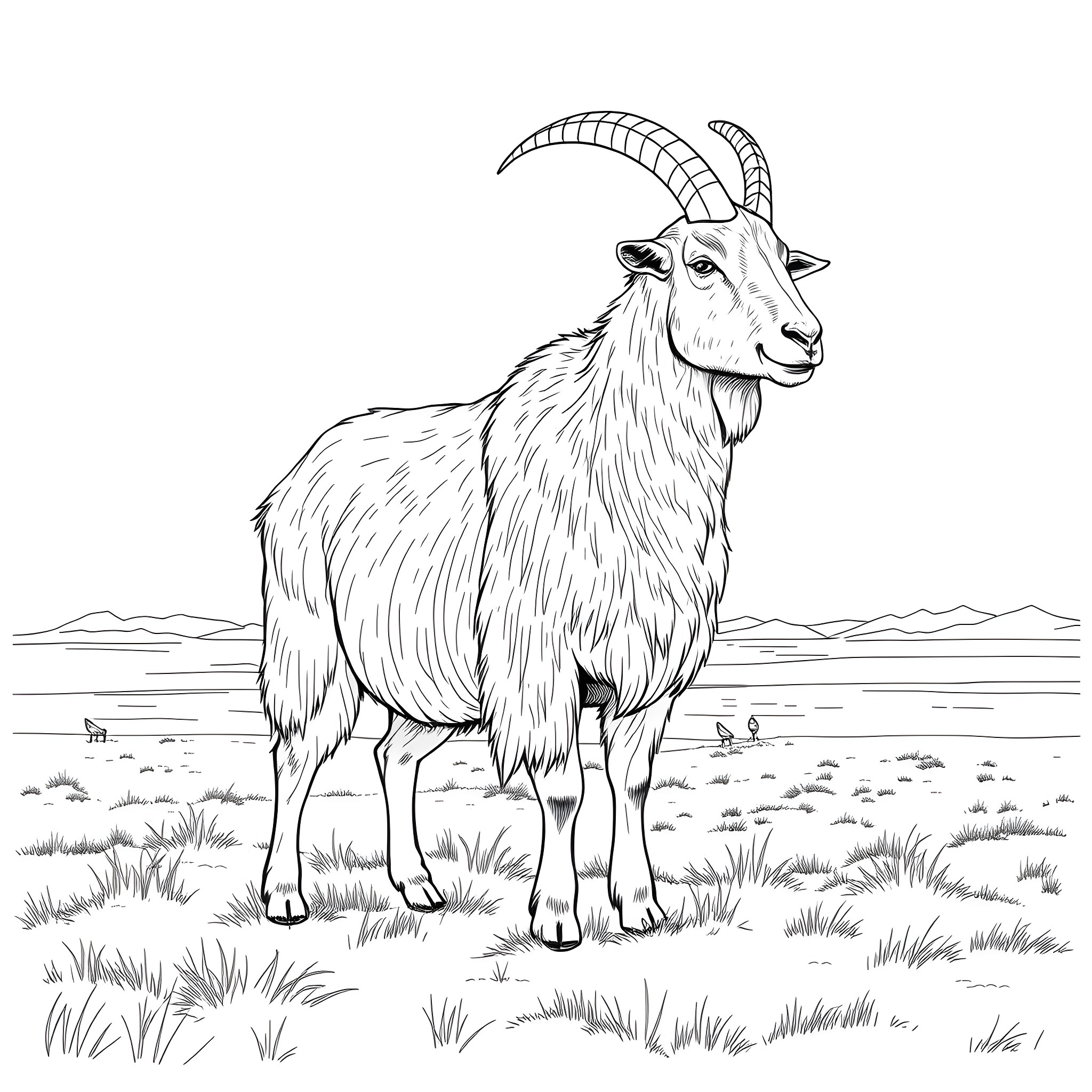 Goat standing in a field with mountains in the background Coloring Page (free black-and-white line drawing printable PDF for all, from beginners to advanced learners, including children, teens, adults, and seniors)