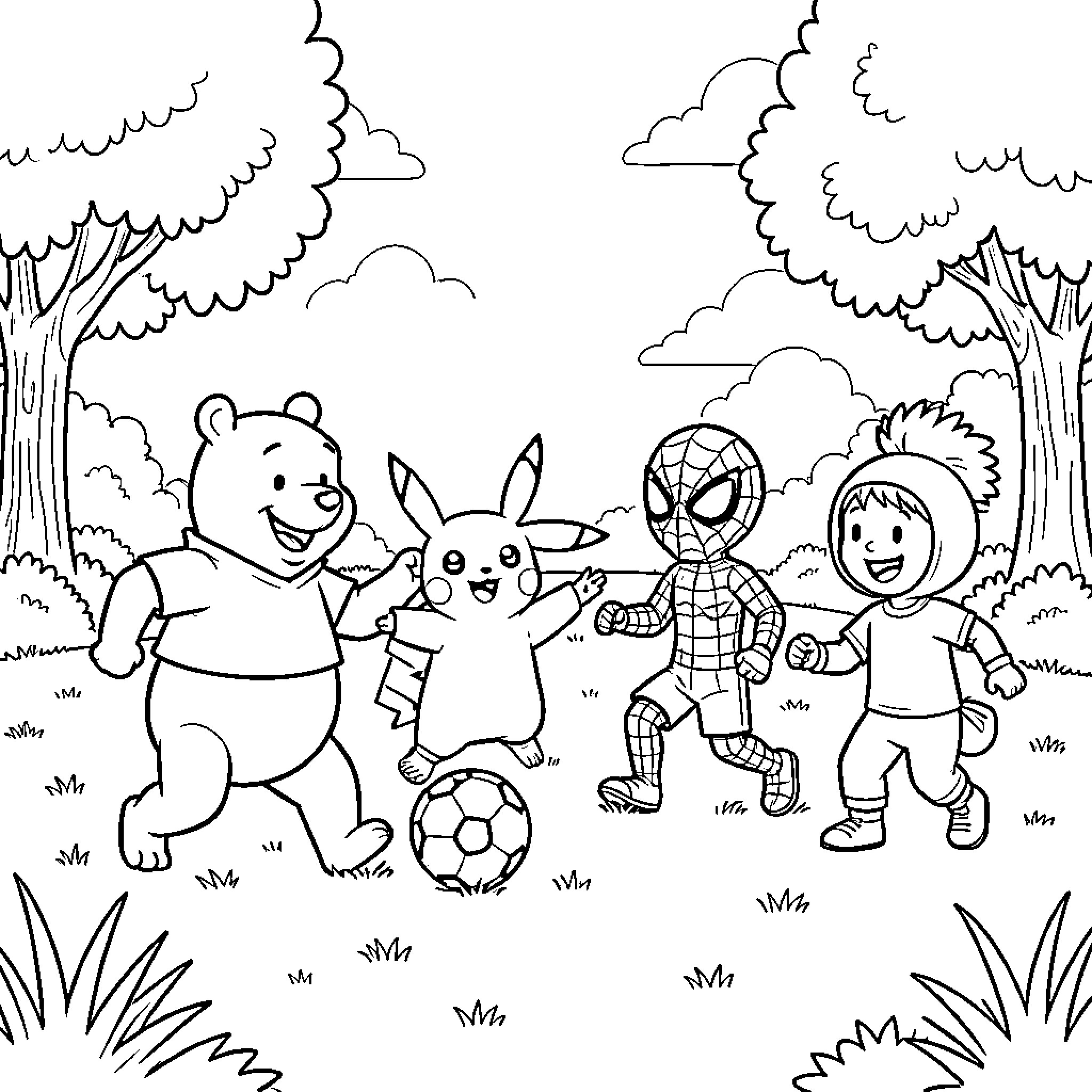 Characters playing soccer together in a park Coloring Page (free black-and-white line drawing printable PDF for all, from beginners to advanced learners, including children, teens, adults, and seniors)