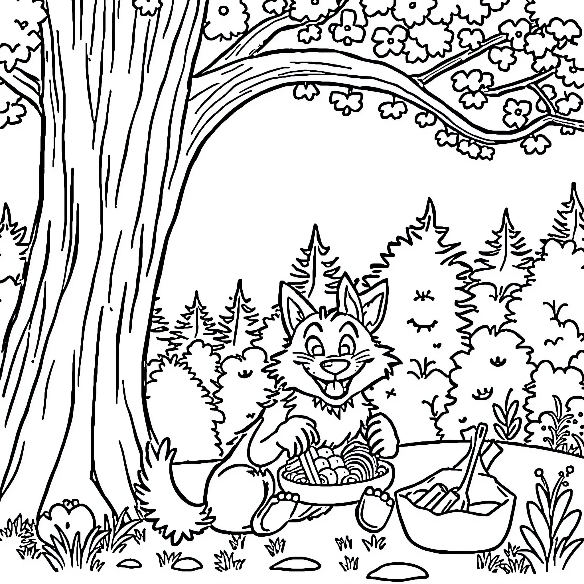 Wolf Happily Collecting Treats in the Forest Coloring Page (free black-and-white line drawing printable PDF for all, from beginners to advanced learners, including children, teens, adults, and seniors)