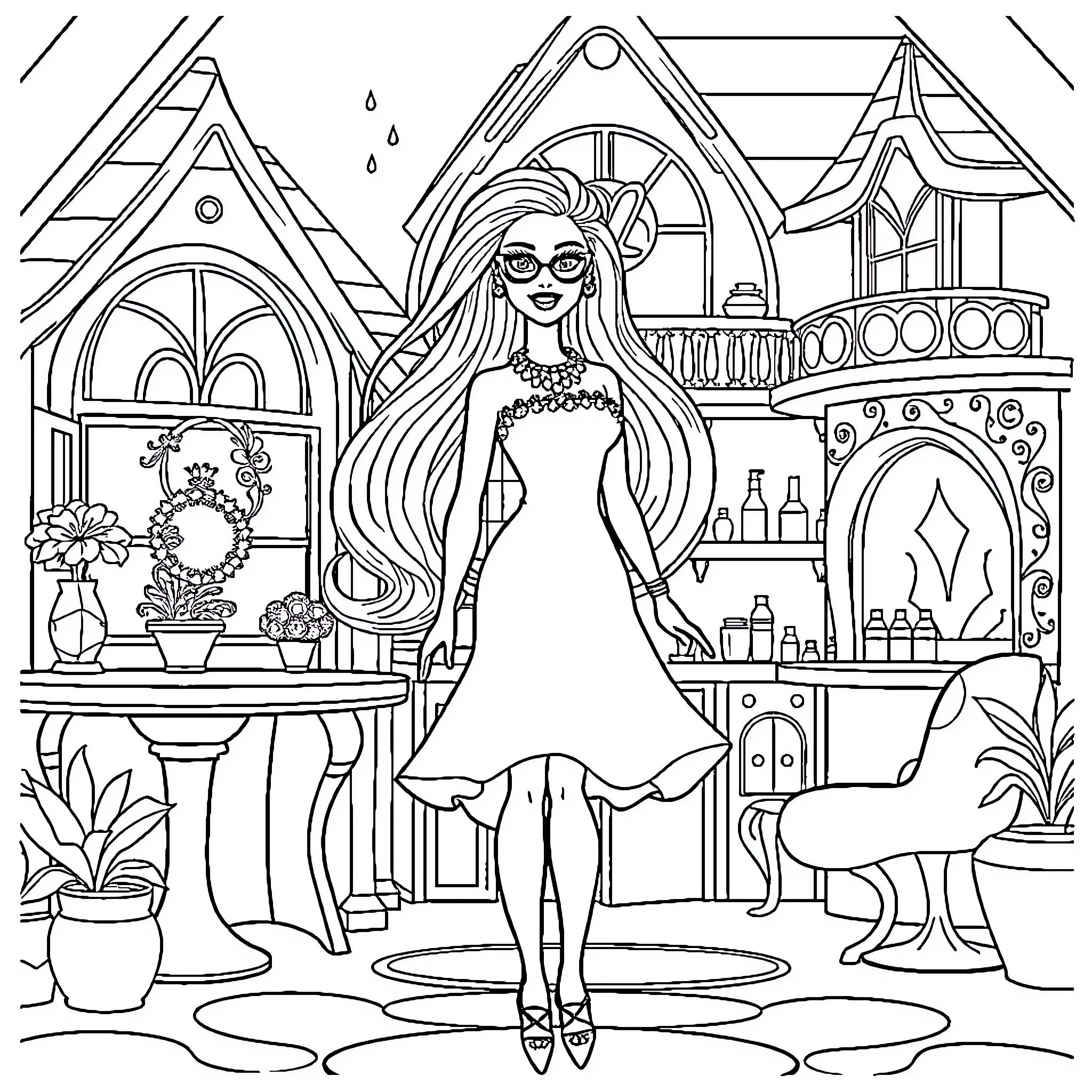 Barbie exploring a whimsical fantasy bedroom Coloring Page (free black-and-white line drawing printable PDF for all, from beginners to advanced learners, including children, teens, adults, and seniors)
