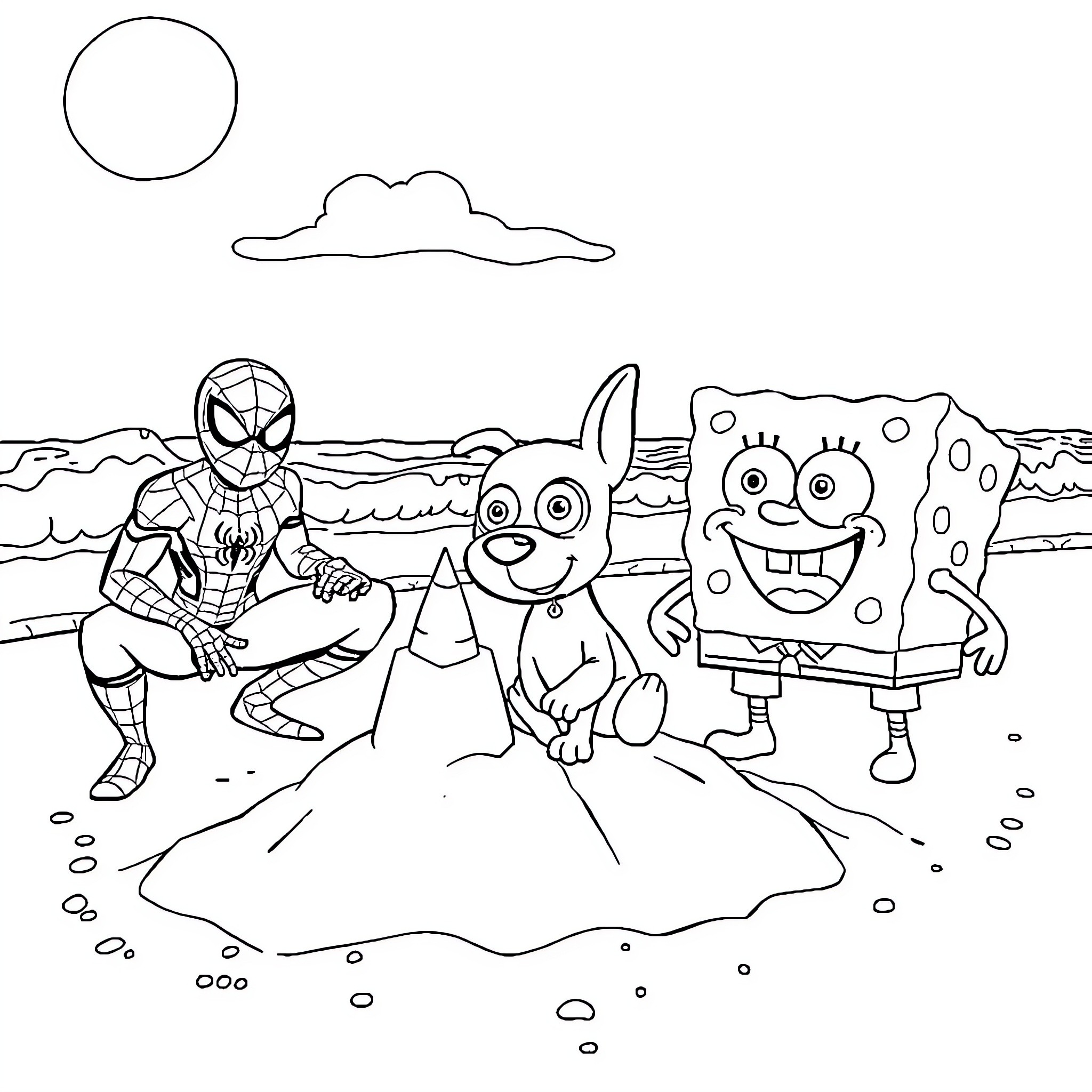 Spiderman's beach adventure with cartoon friends Coloring Page (free black-and-white line drawing printable PDF for all, from beginners to advanced learners, including children, teens, adults, and seniors)