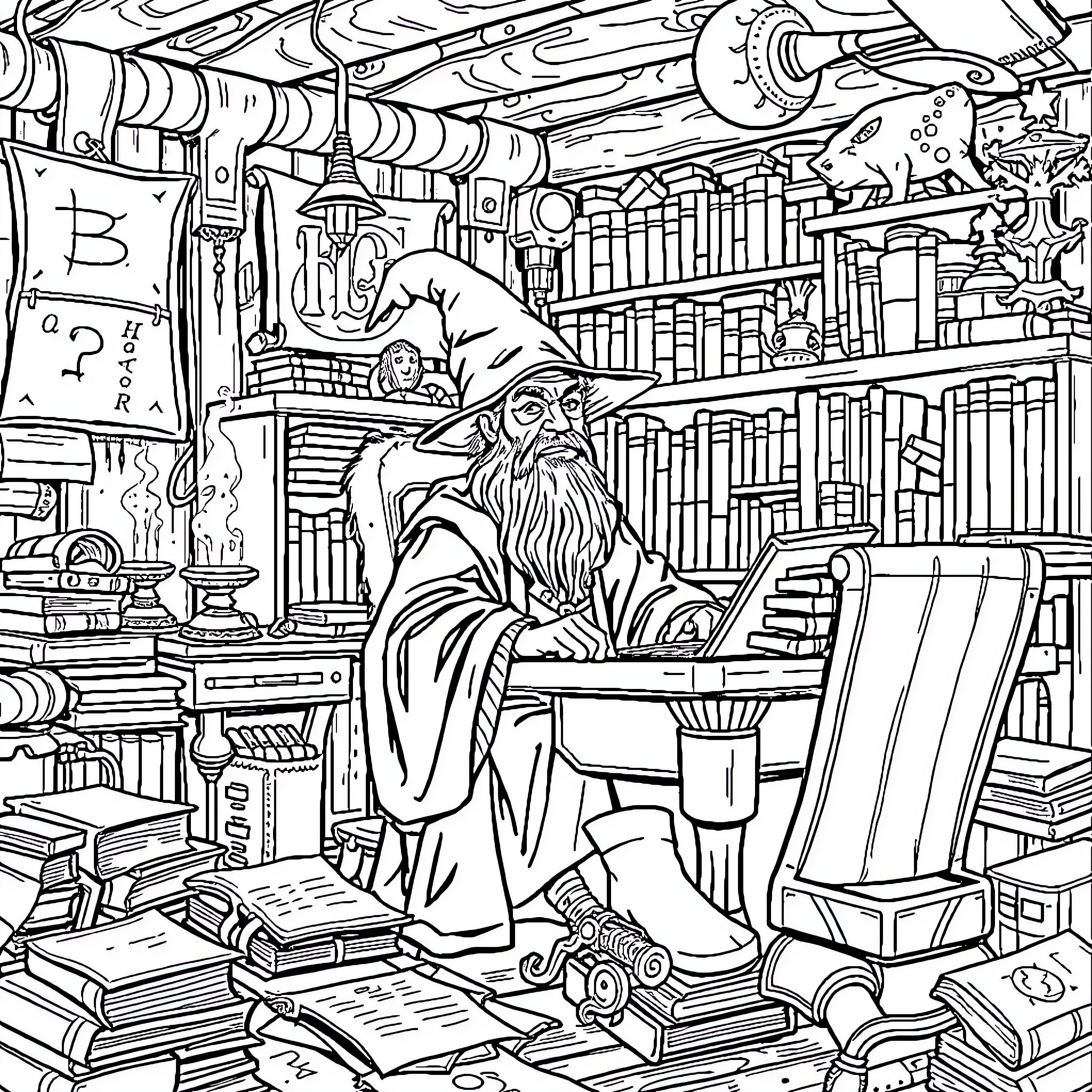 Wizard surrounded by magical books and artifacts Coloring Page (free black-and-white line drawing printable PDF for all, from beginners to advanced learners, including children, teens, adults, and seniors)