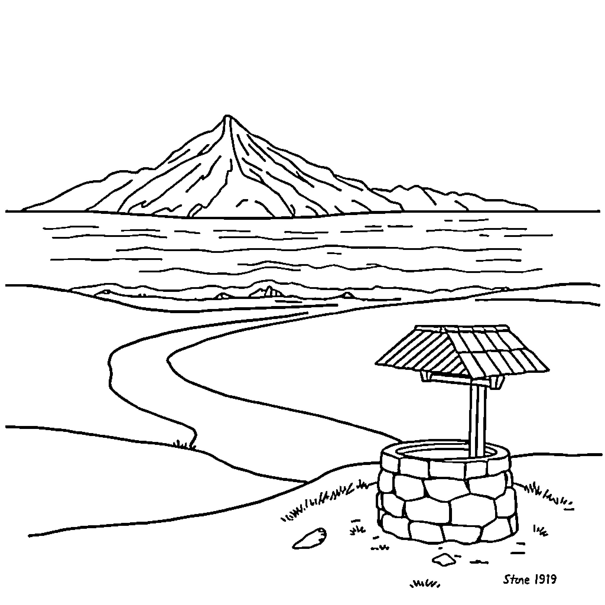 Landscape with winding path and stone well Coloring Page (free black-and-white line drawing printable PDF for all, from beginners to advanced learners, including children, teens, adults, and seniors)