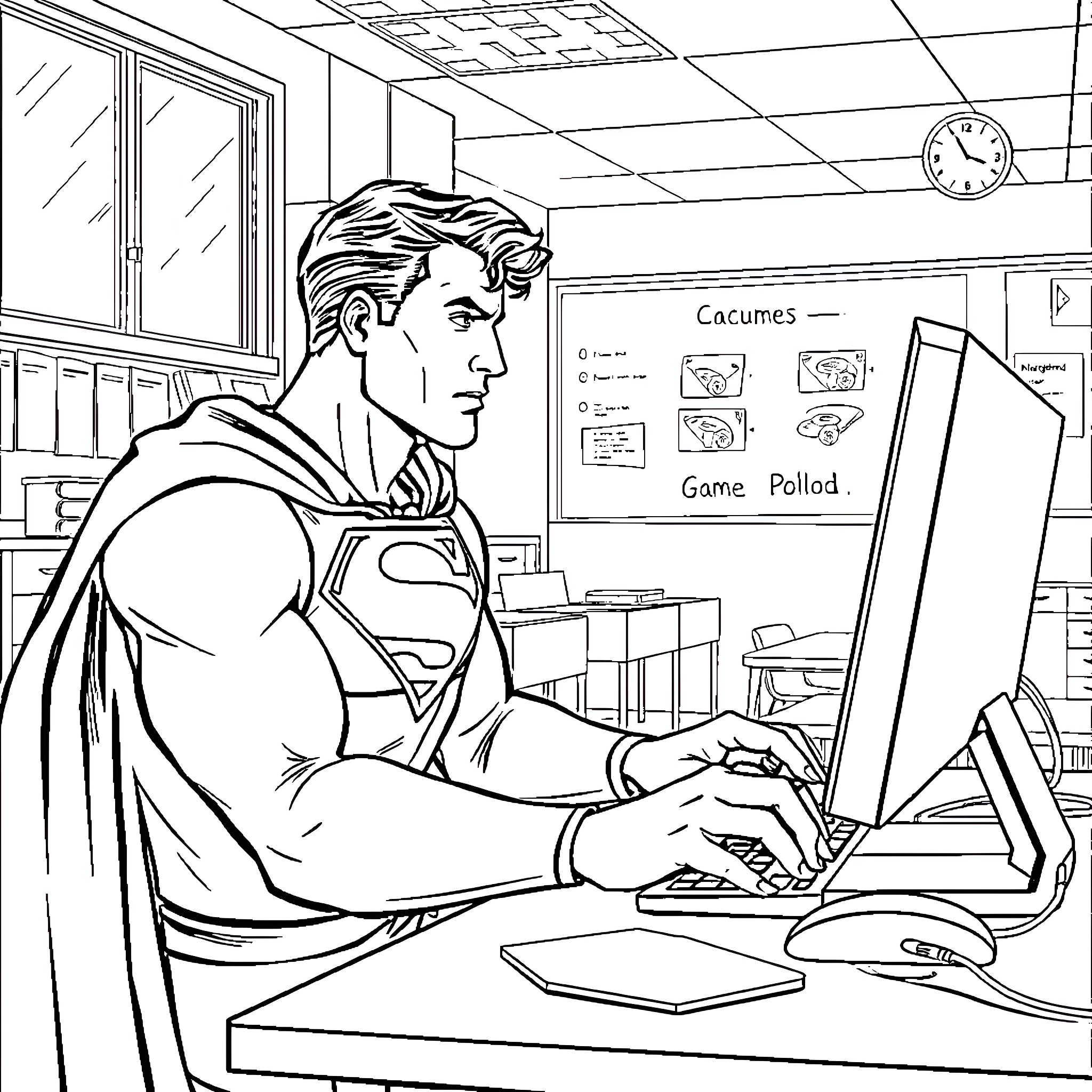 Superman working diligently at the computer in the office Coloring Page (free black-and-white line drawing printable PDF for all, from beginners to advanced learners, including children, teens, adults, and seniors)