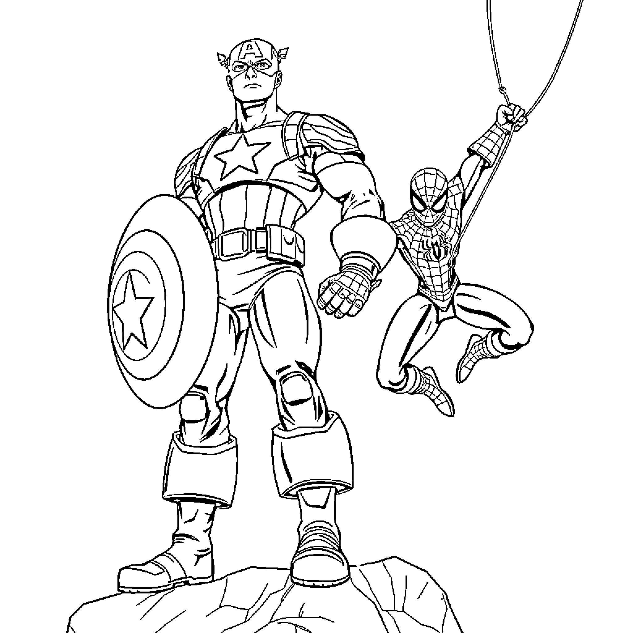 Captain America and Spider-Man in Action Poses Coloring Page (free black-and-white line drawing printable PDF for all, from beginners to advanced learners, including children, teens, adults, and seniors)