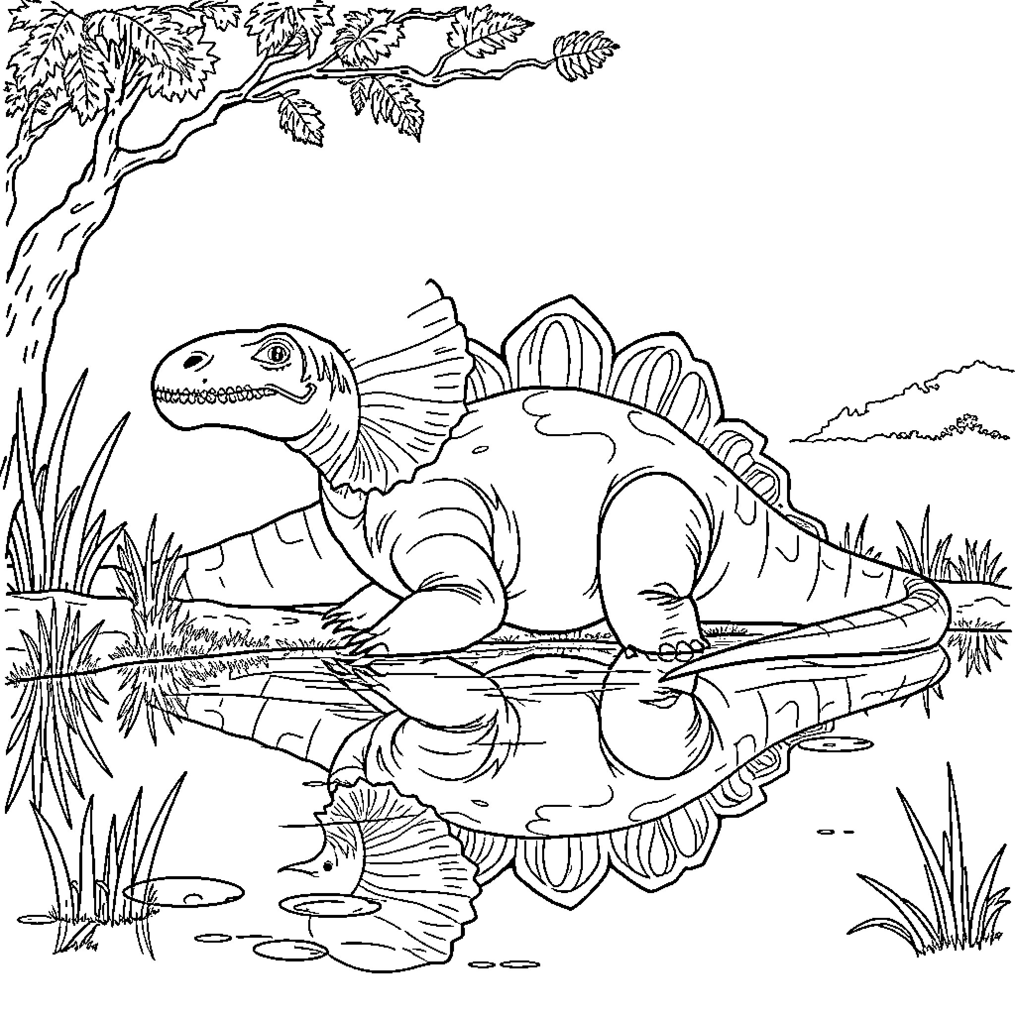 Chasmosaurus swimming in a tranquil pond Coloring Page (free black-and-white line drawing printable PDF for all, from beginners to advanced learners, including children, teens, adults, and seniors)