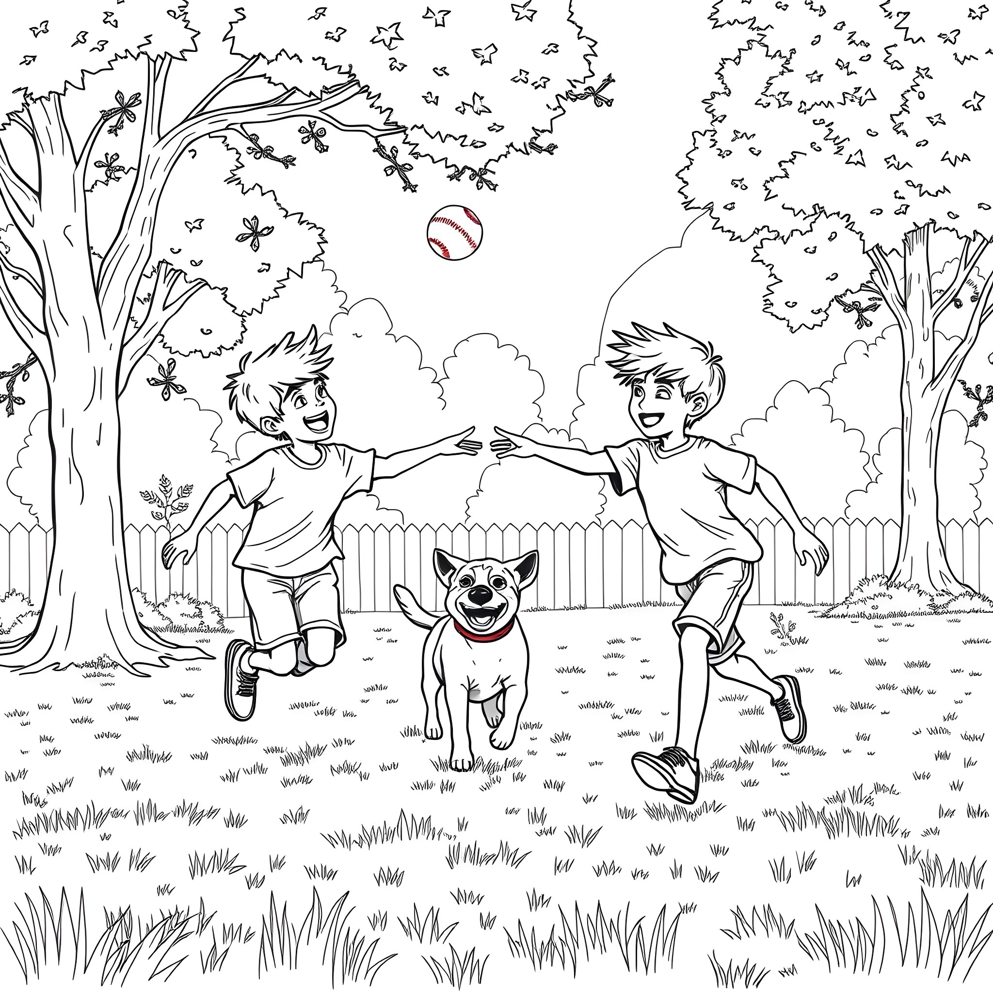Boy chasing a baseball with his dog in the park Coloring Page (free black-and-white line drawing printable PDF for all, from beginners to advanced learners, including children, teens, adults, and seniors)
