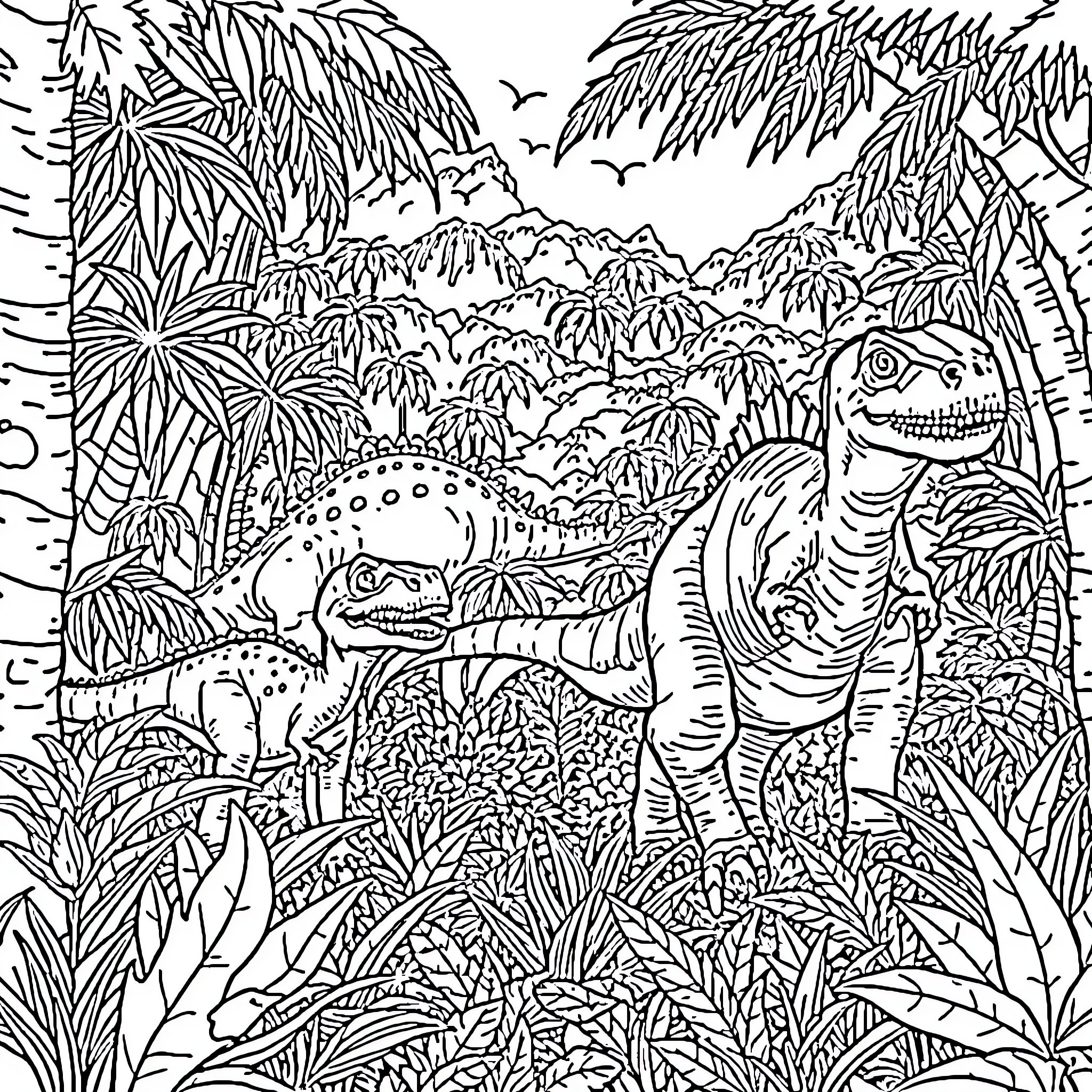 Dinosaurs roaming through dense jungle landscape Coloring Page (free black-and-white line drawing printable PDF for all, from beginners to advanced learners, including children, teens, adults, and seniors)