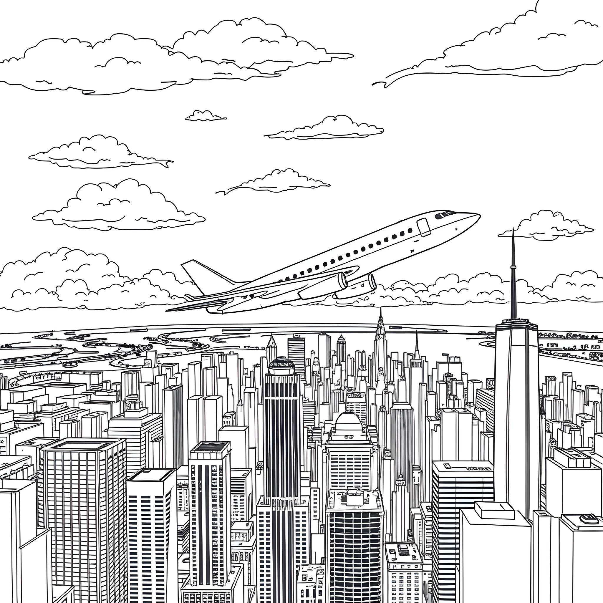 Airplane soaring over the bustling city skyline Coloring Page (free black-and-white line drawing printable PDF for all, from beginners to advanced learners, including children, teens, adults, and seniors)