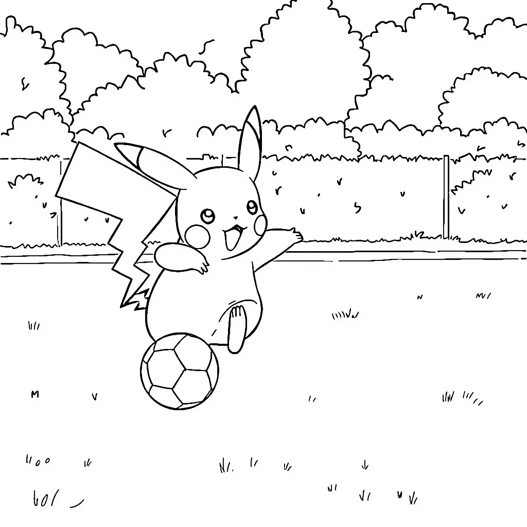 Pikachu playing joyfully with a soccer ball Coloring Page (free black-and-white line drawing printable PDF for all, from beginners to advanced learners, including children, teens, adults, and seniors)