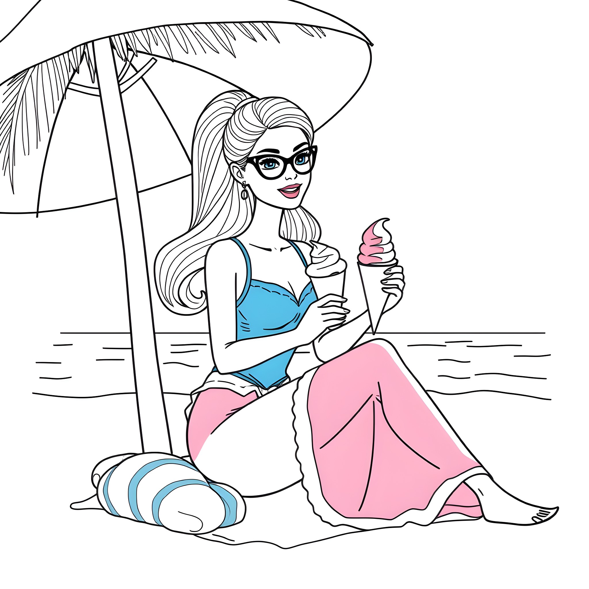 Barbie relaxing on the beach with an ice cream Coloring Page (free black-and-white line drawing printable PDF for all, from beginners to advanced learners, including children, teens, adults, and seniors)