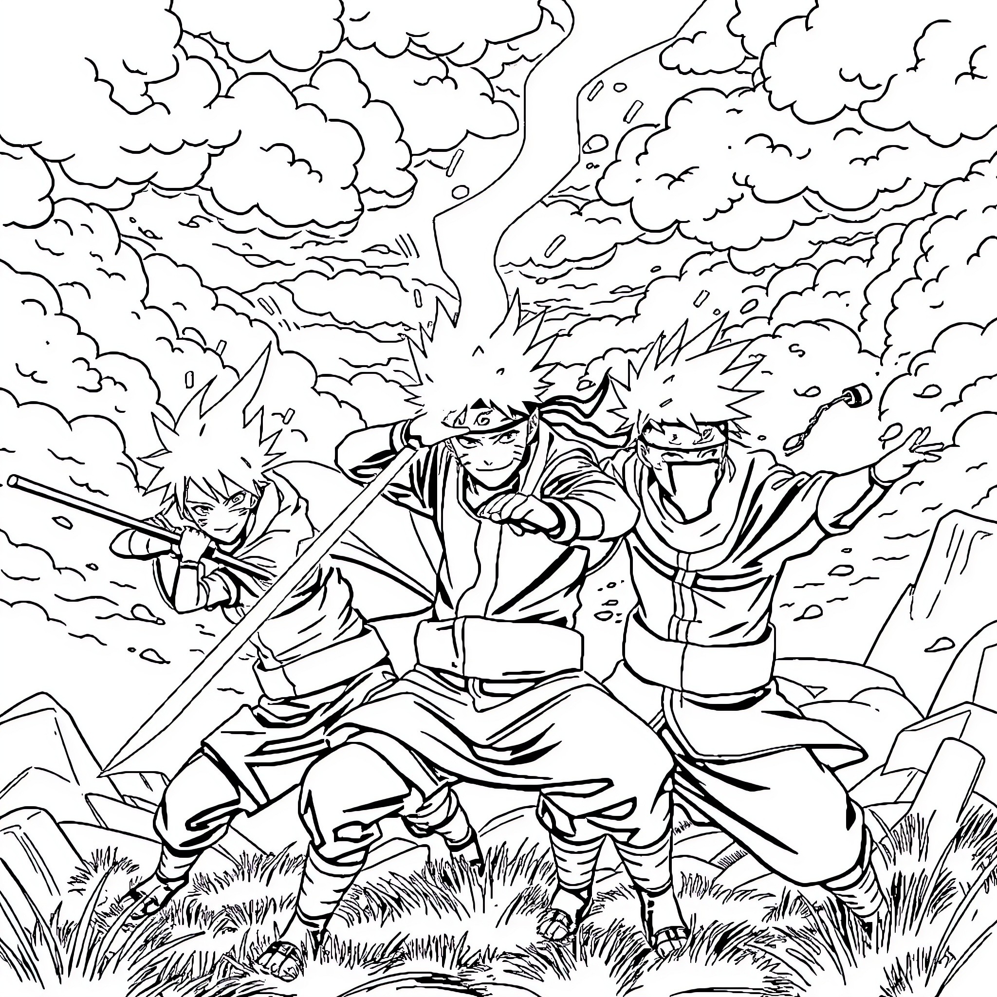Naruto and Comrades Battling in Dramatic Storm Coloring Page (free black-and-white line drawing printable PDF for all, from beginners to advanced learners, including children, teens, adults, and seniors)