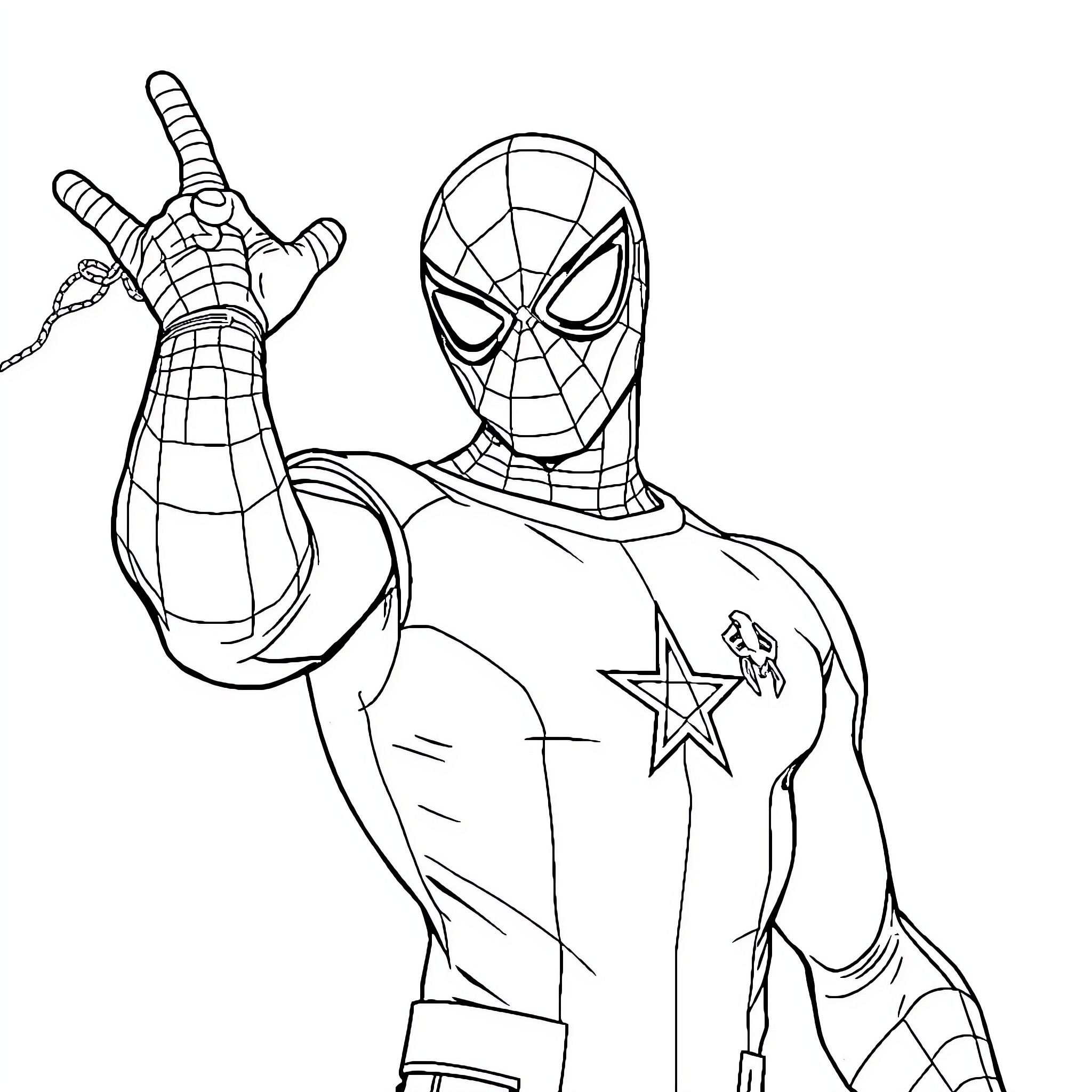 Spiderman in heroic pose with web-slinging action Coloring Page (free black-and-white line drawing printable PDF for all, from beginners to advanced learners, including children, teens, adults, and seniors)