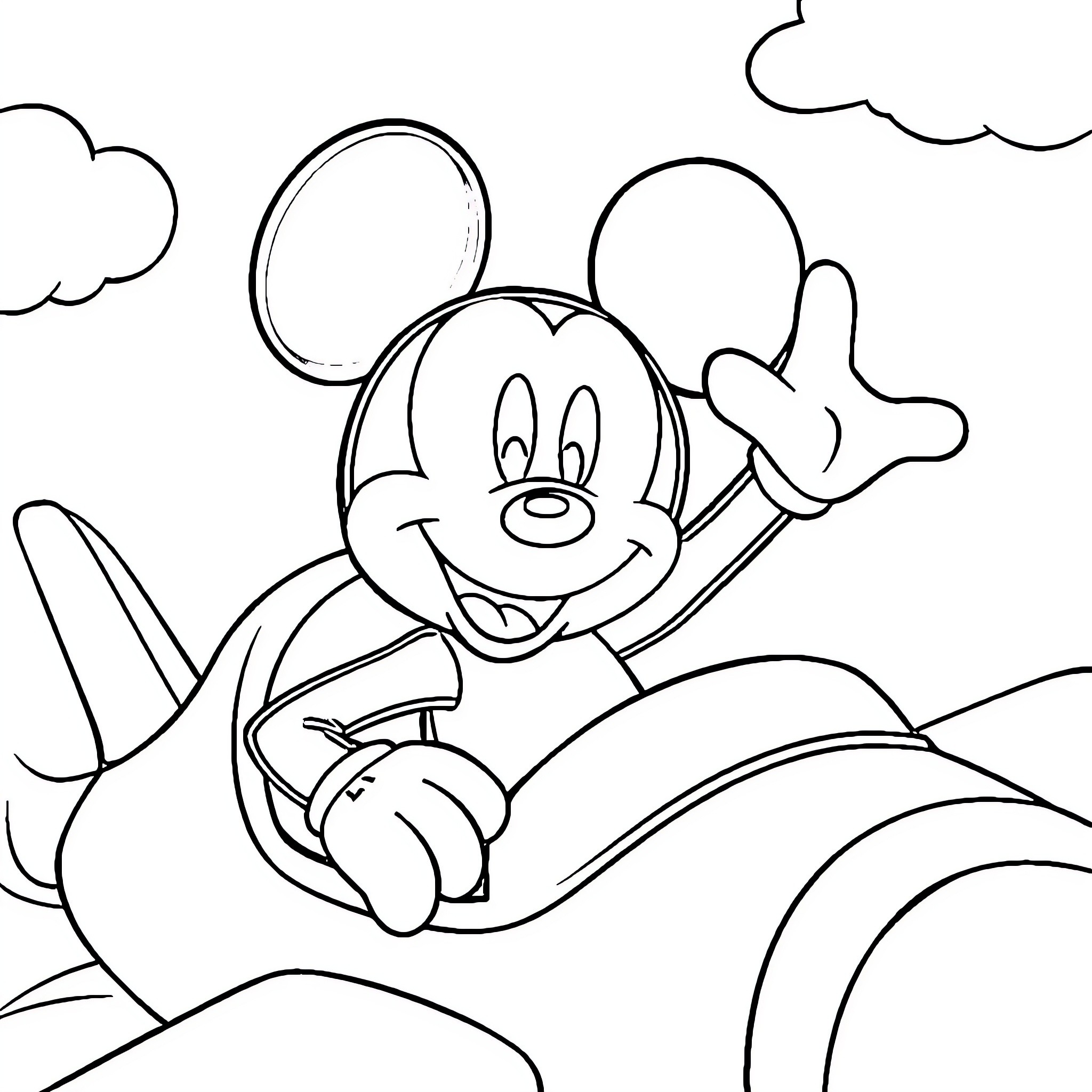 Mickey Mouse flying in a plane happily Coloring Page (free black-and-white line drawing printable PDF for all, from beginners to advanced learners, including children, teens, adults, and seniors)