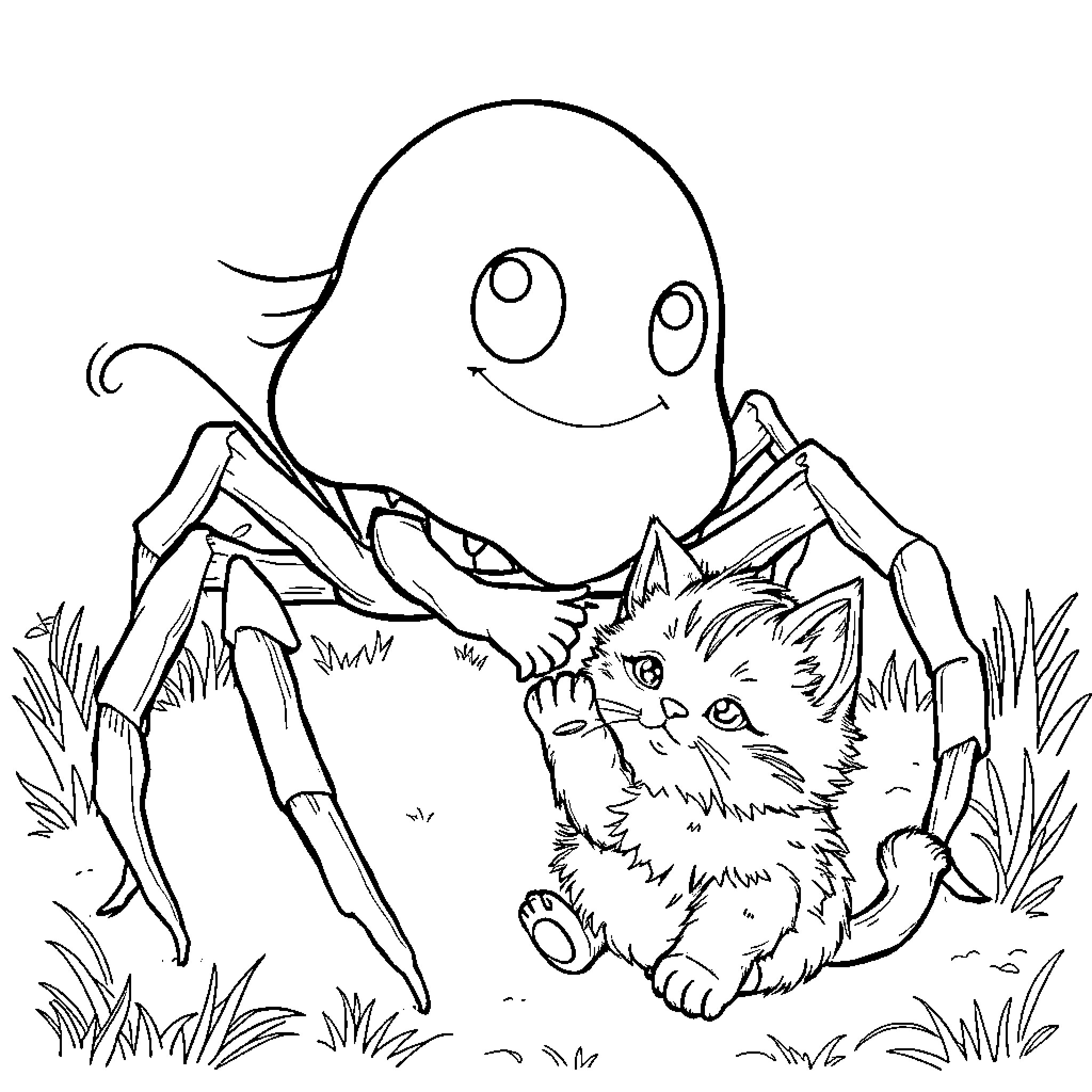 Ghost Spider befriends curious kitten in the wilderness Coloring Page (free black-and-white line drawing printable PDF for all, from beginners to advanced learners, including children, teens, adults, and seniors)