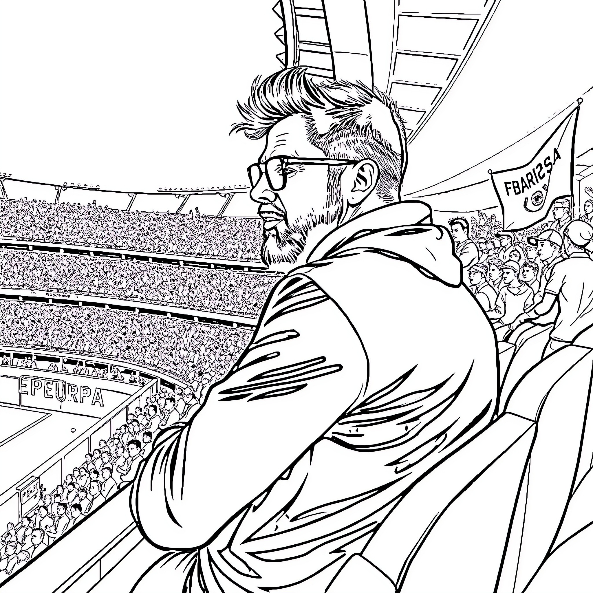 Pepe watching sports event at stadium Coloring Page (free black-and-white line drawing printable PDF for all, from beginners to advanced learners, including children, teens, adults, and seniors)