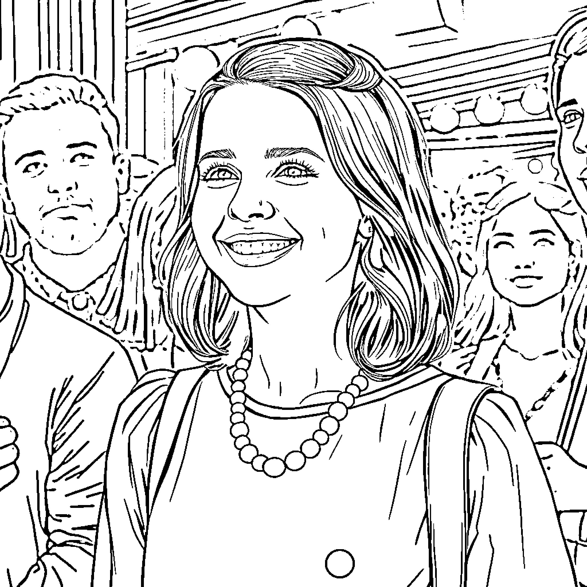 Millie Bobby Brown smiling cheerfully with friends Coloring Page (free black-and-white line drawing printable PDF for all, from beginners to advanced learners, including children, teens, adults, and seniors)