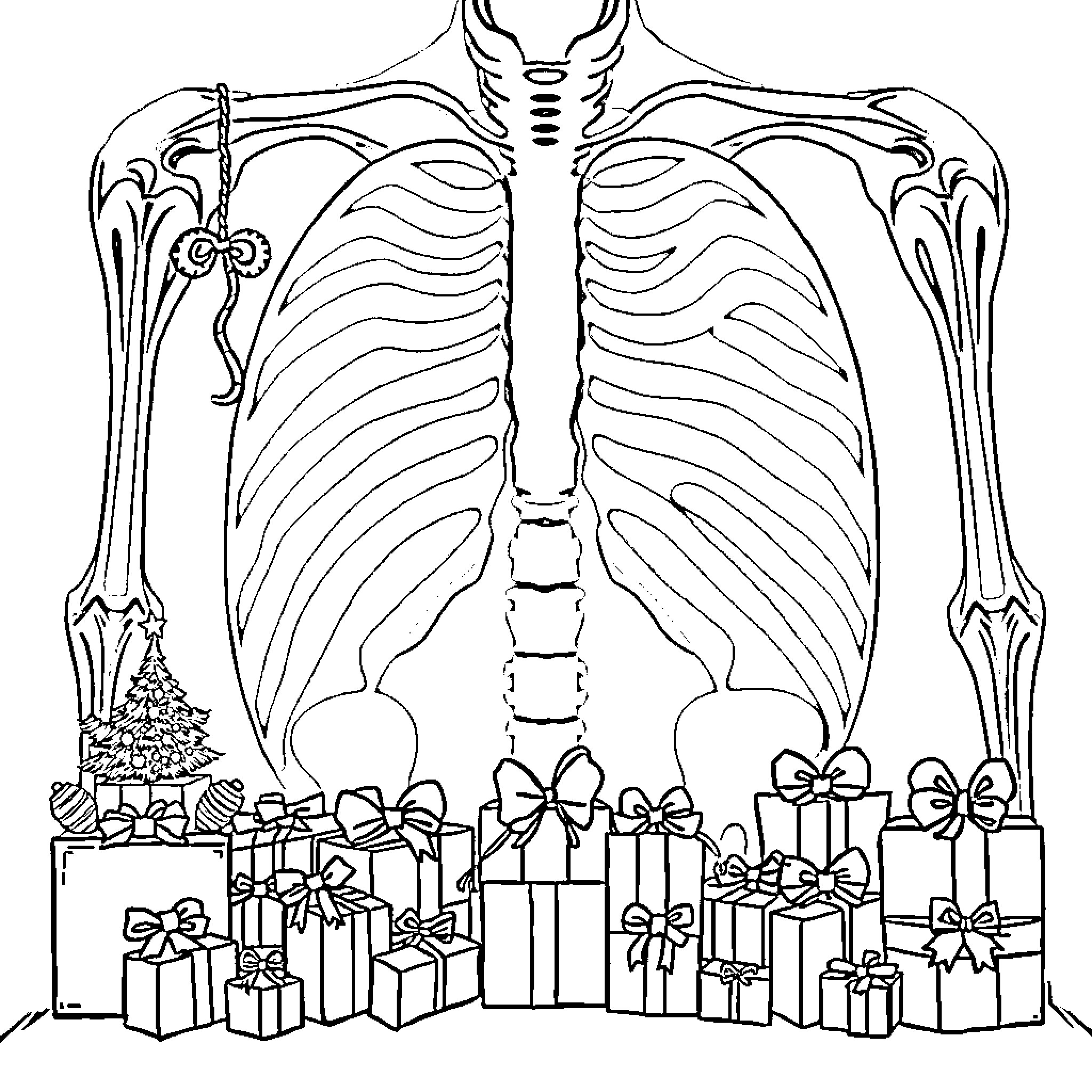 Christmas Skeleton Surrounded by Presents Coloring Page (free black-and-white line drawing printable PDF for all, from beginners to advanced learners, including children, teens, adults, and seniors)