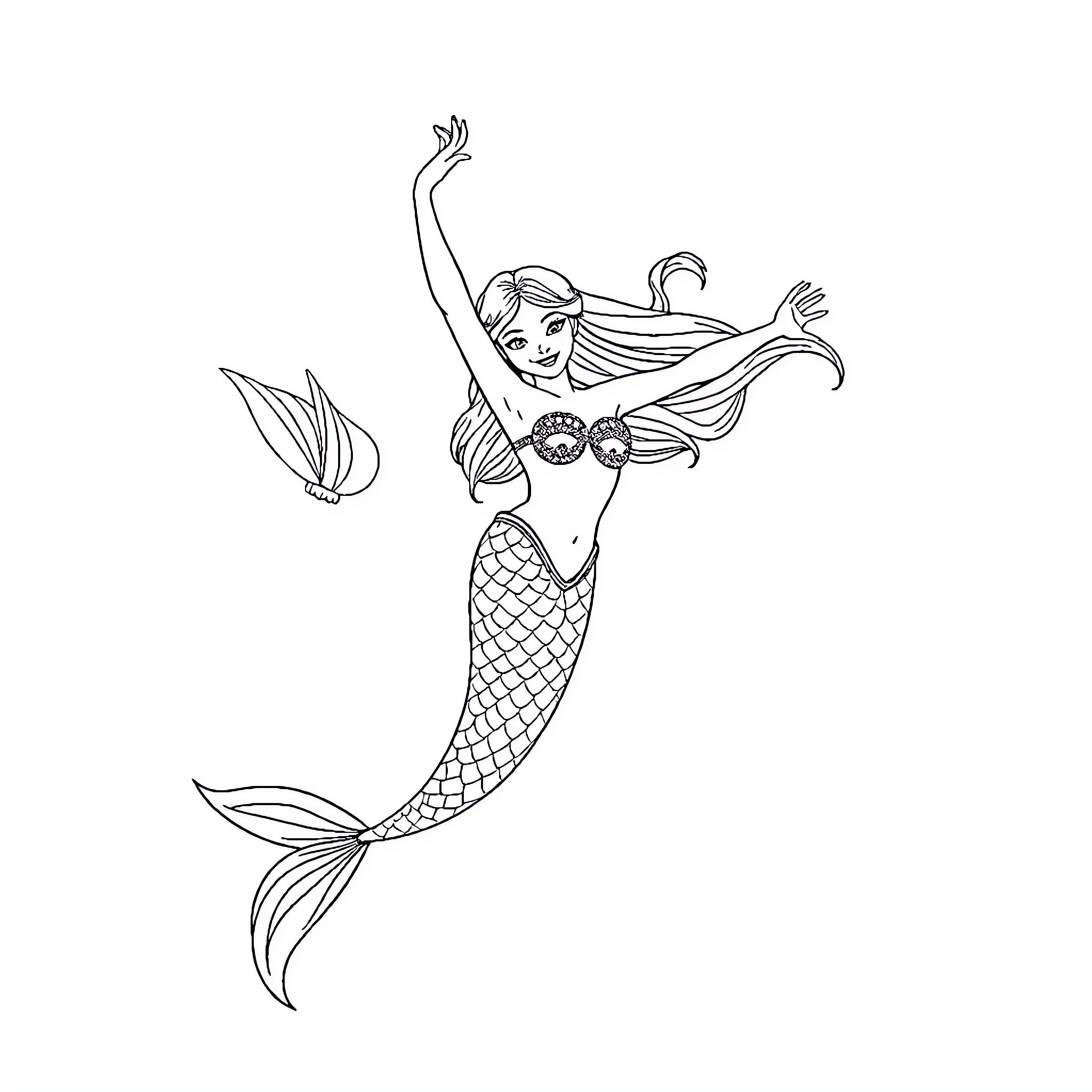 Mermaid Swimming Gracefully with Outstretched Arms Coloring Page (free black-and-white line drawing printable PDF for all, from beginners to advanced learners, including children, teens, adults, and seniors)