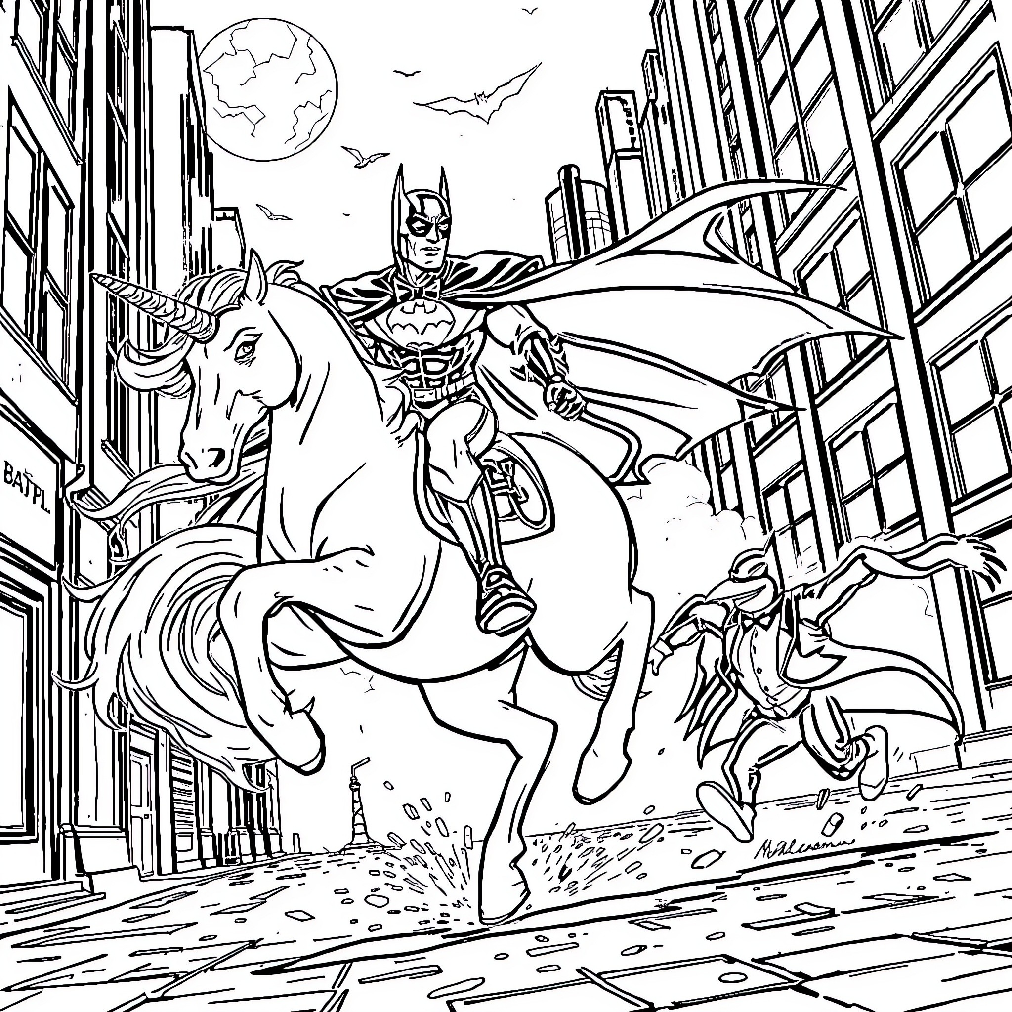 Batman in action, riding a horse through the city Coloring Page (free black-and-white line drawing printable PDF for all, from beginners to advanced learners, including children, teens, adults, and seniors)