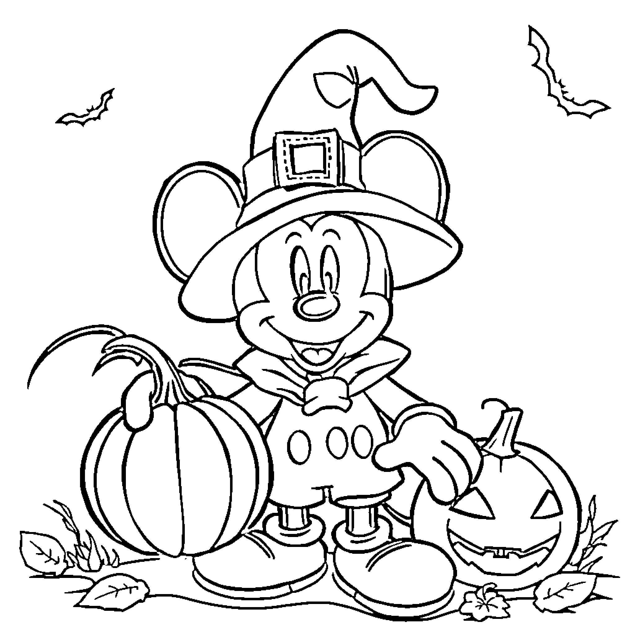 Mickey Mouse in Halloween costume with pumpkins Coloring Page (free black-and-white line drawing printable PDF for all, from beginners to advanced learners, including children, teens, adults, and seniors)