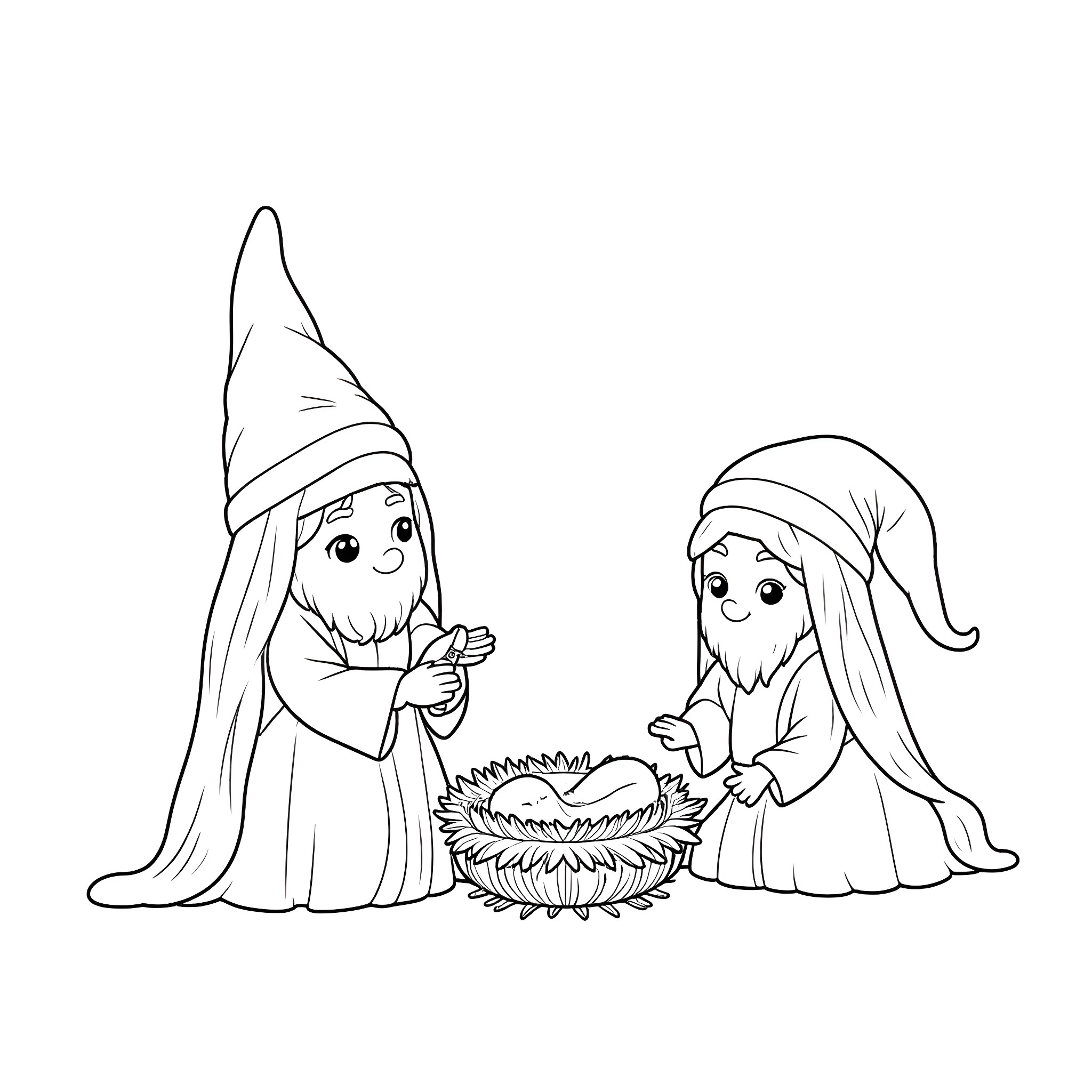Gnome figures preparing a nativity scene Coloring Page (free black-and-white line drawing printable PDF for all, from beginners to advanced learners, including children, teens, adults, and seniors)